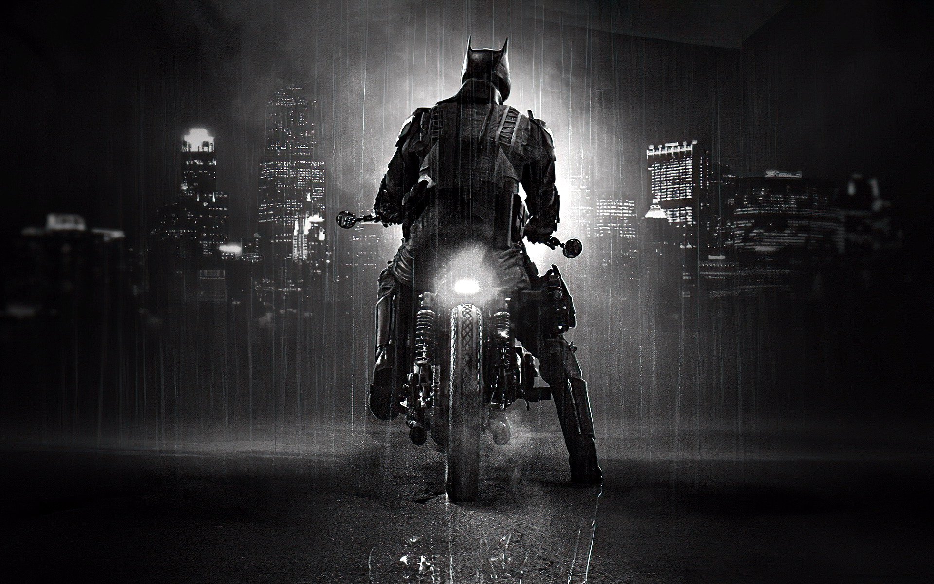 The Batman on a motorcycle in the rain HD Wallpaper