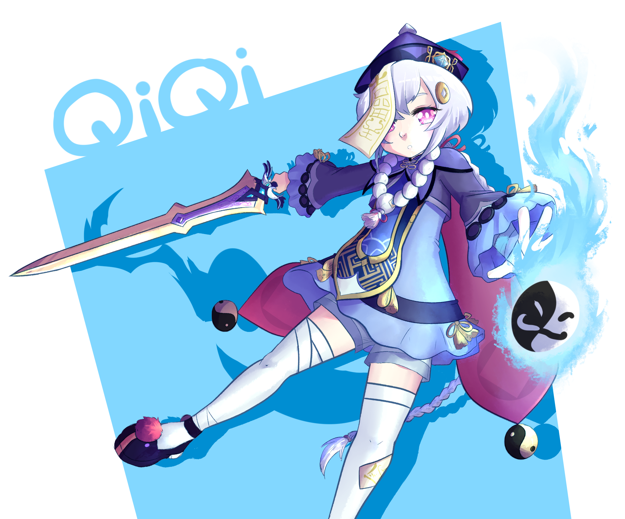 Qiqi from Genshin Impact with sword and ghost HD Wallpaper