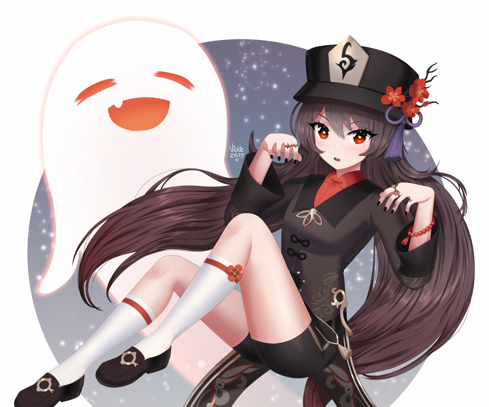 Hu Tao from Genshin Impact with a ghost HD Wallpaper