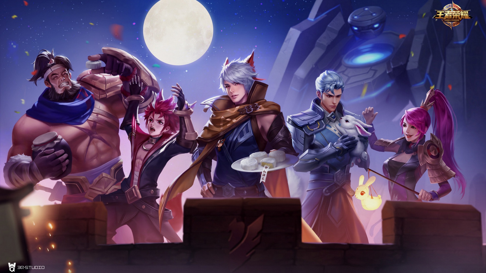 Characters from King of Glory celebrating under the moon HD Wallpaper