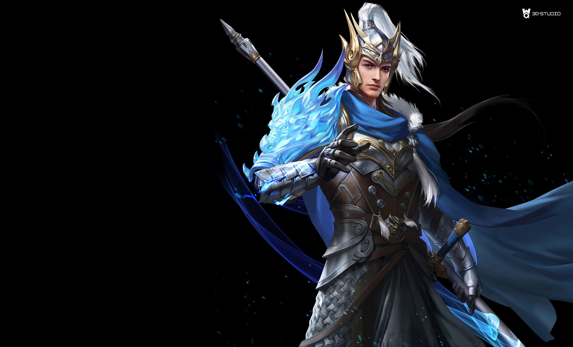 Fantasy Warrior with Blue Flames HD Wallpaper