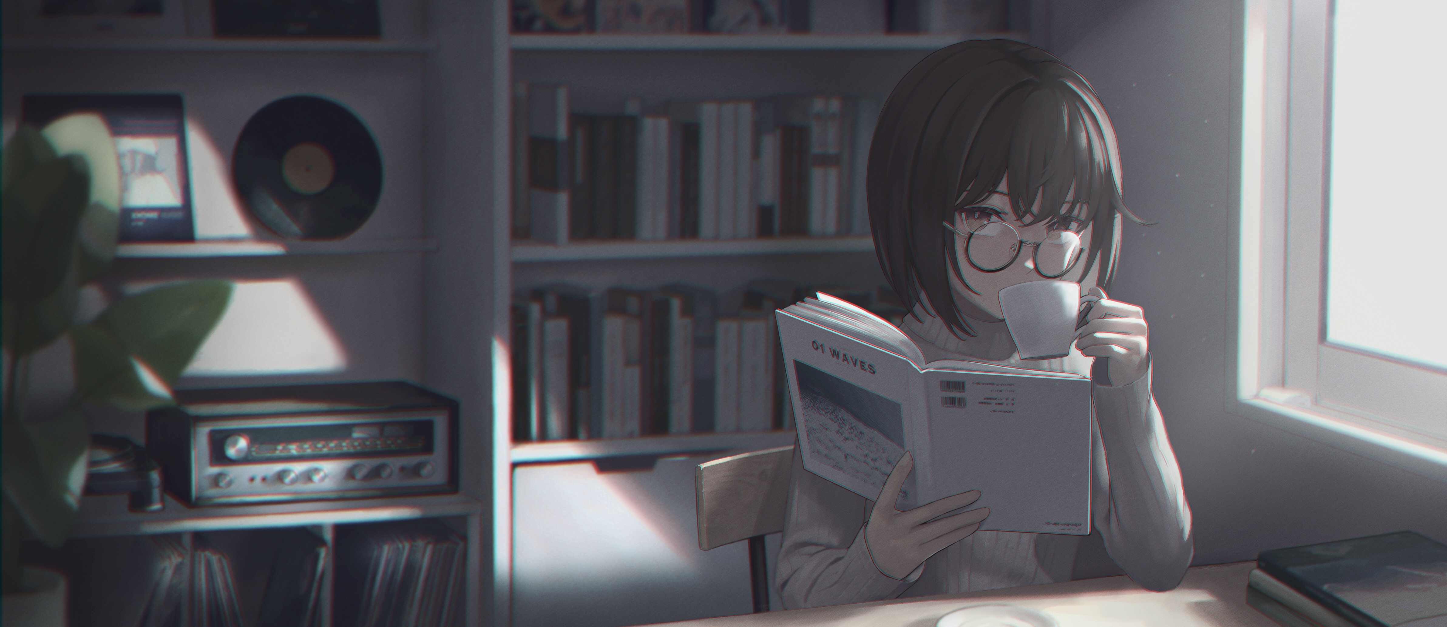 Anime girl reading a book and drinking coffee HD Wallpaper