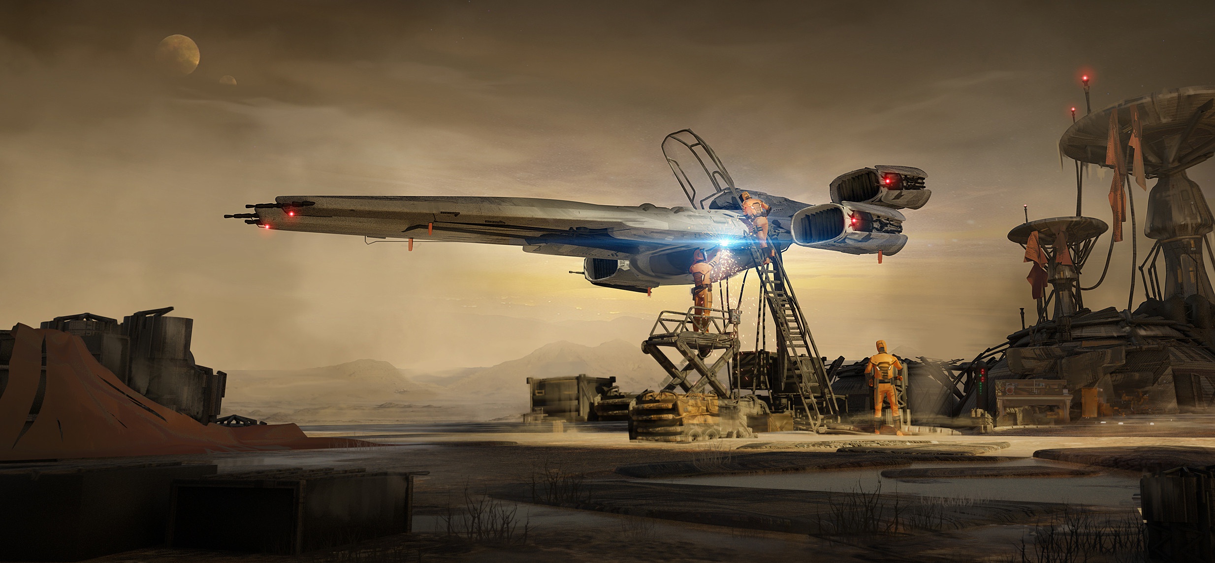 Sci Fi Spaceship at Alien Outpost HD Wallpaper