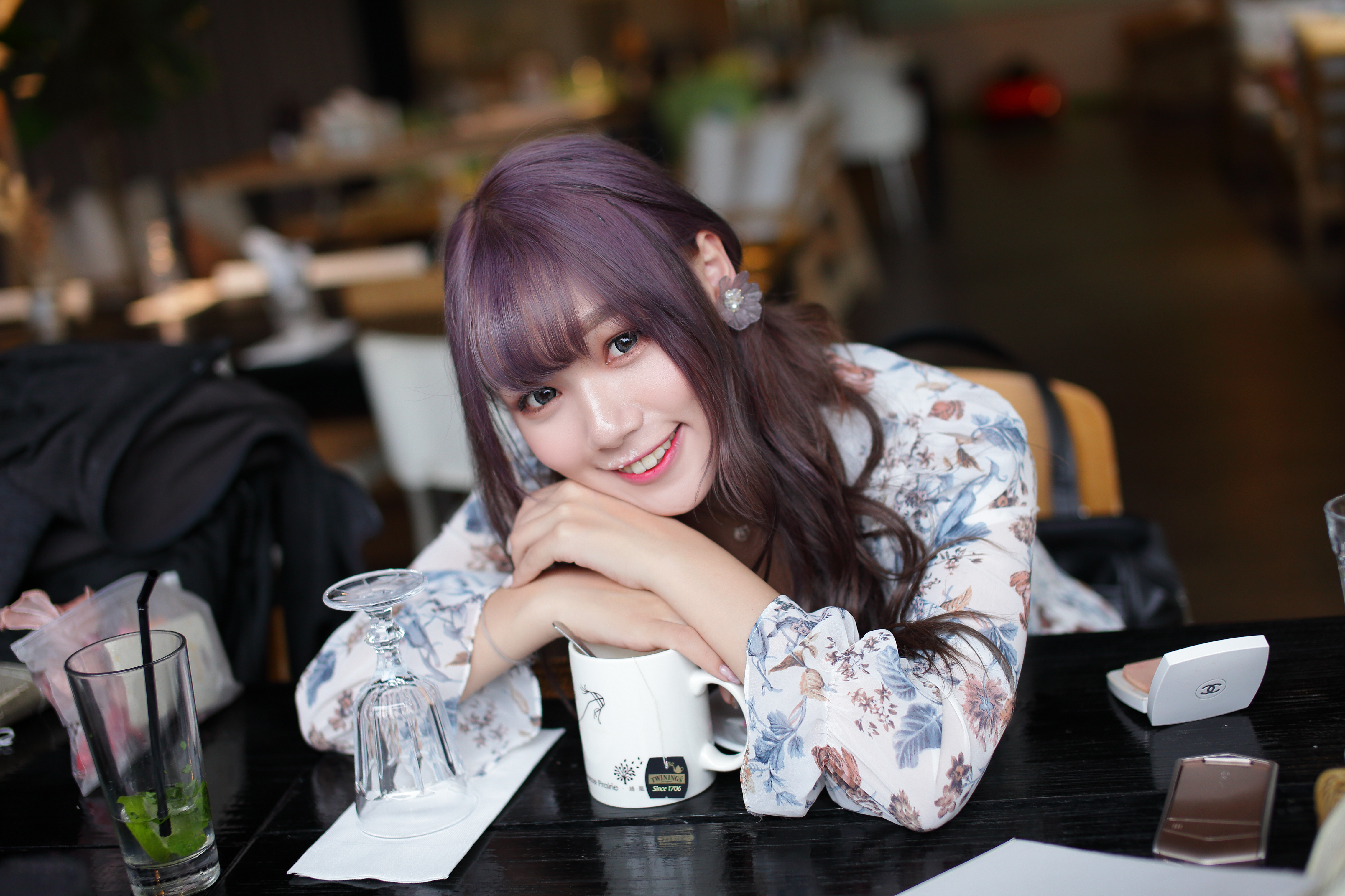 Asian Model Smiling with Purple Hair HD Wallpaper