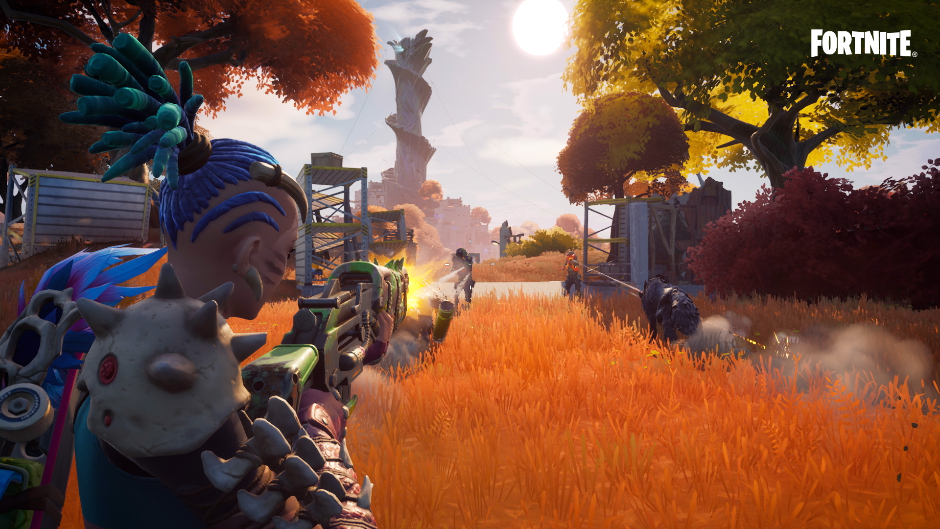 Fortnite characters in combat with assault rifles HD Wallpaper