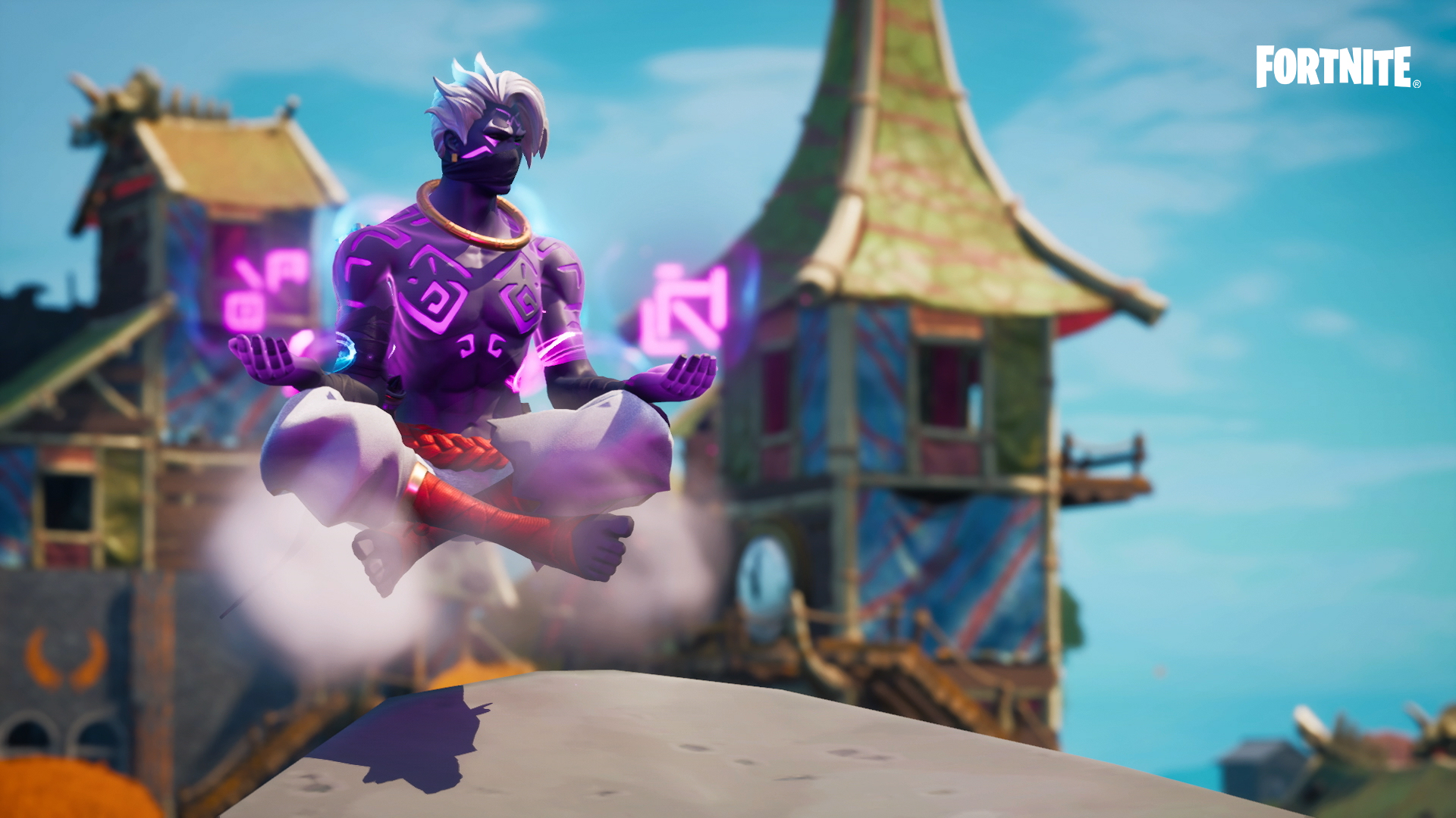 Fortnite character meditating with purple energy HD Wallpaper