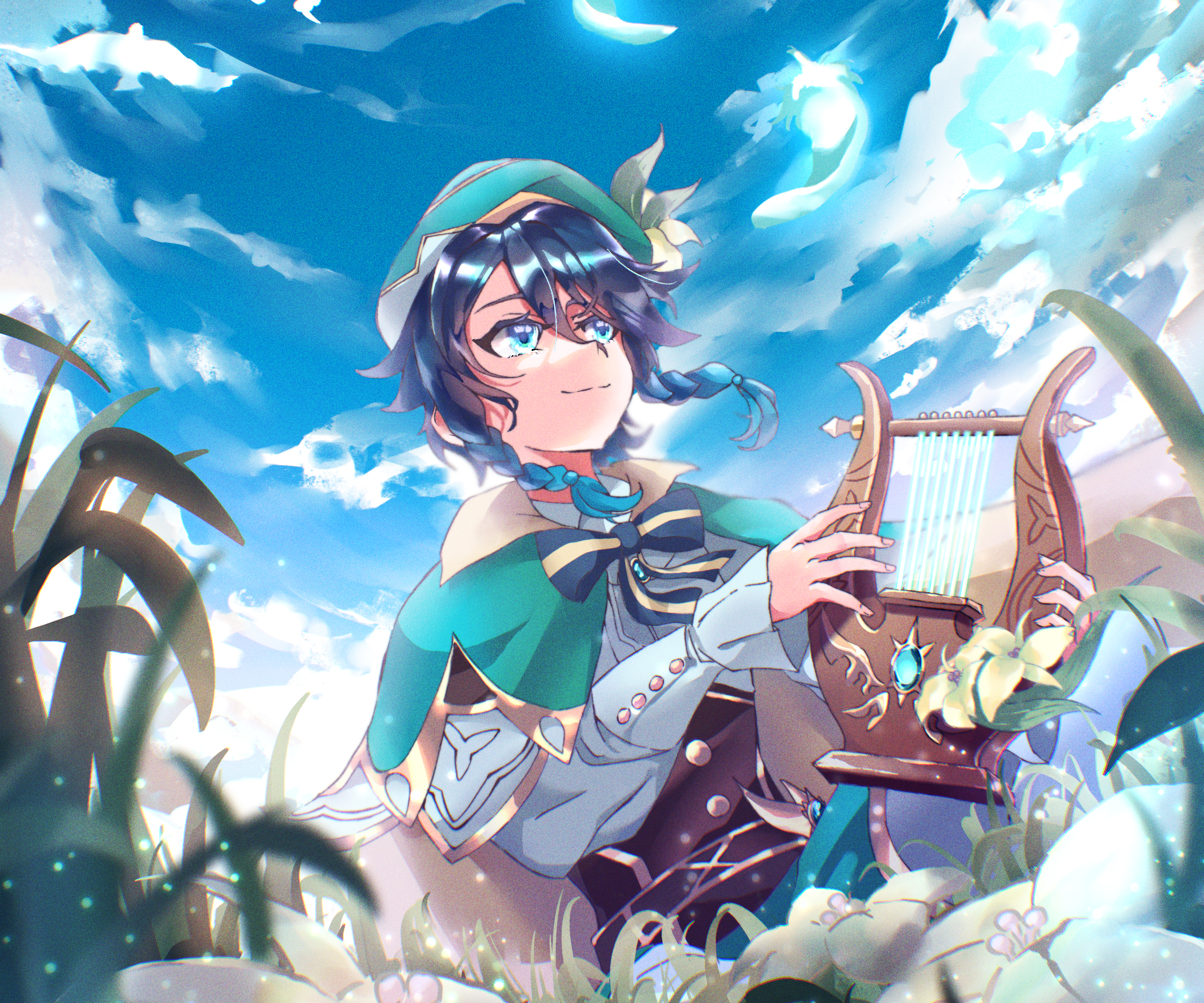 Venti from Genshin Impact playing a lyre HD Wallpaper