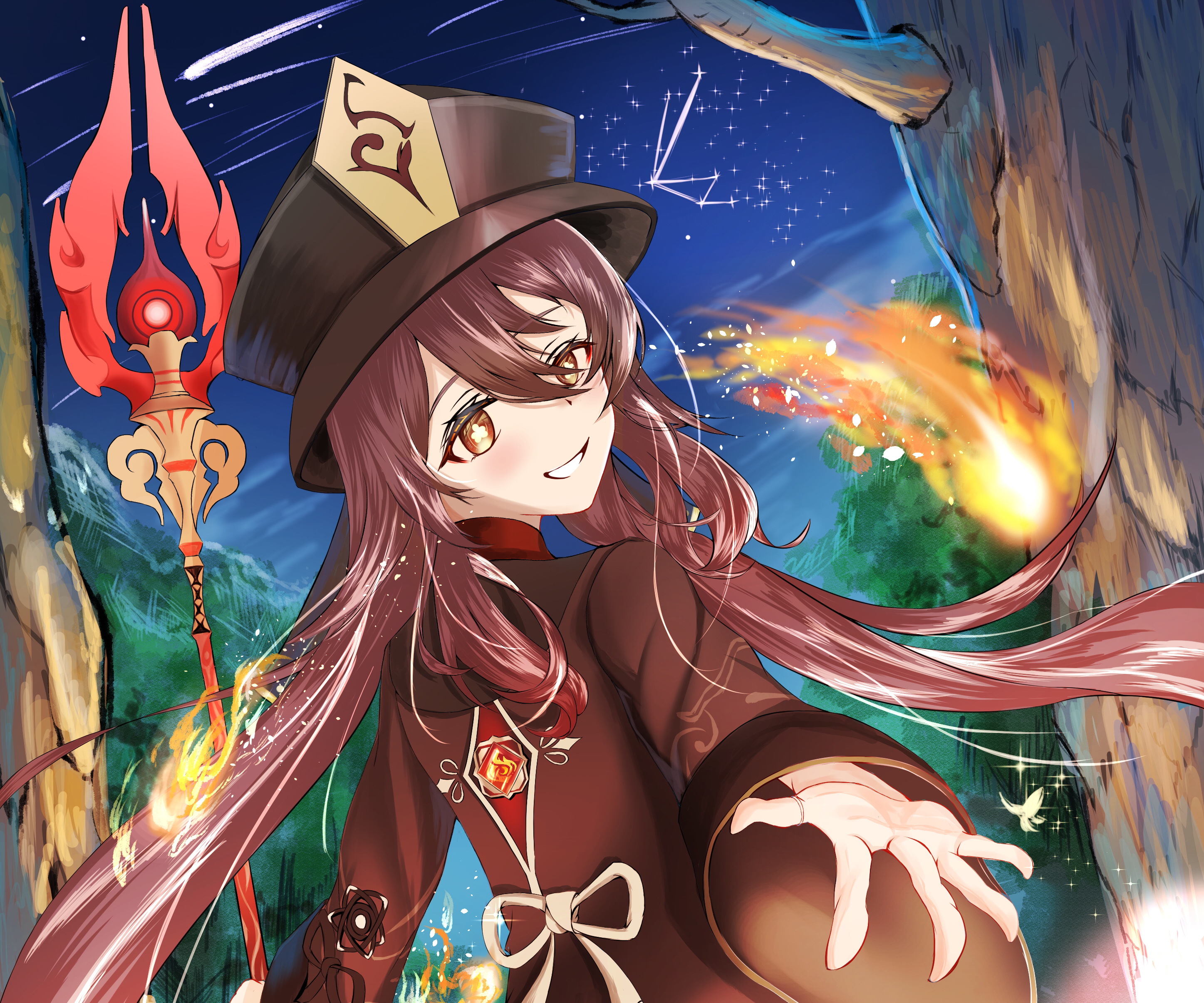 Hu Tao from Genshin Impact with a staff HD Wallpaper