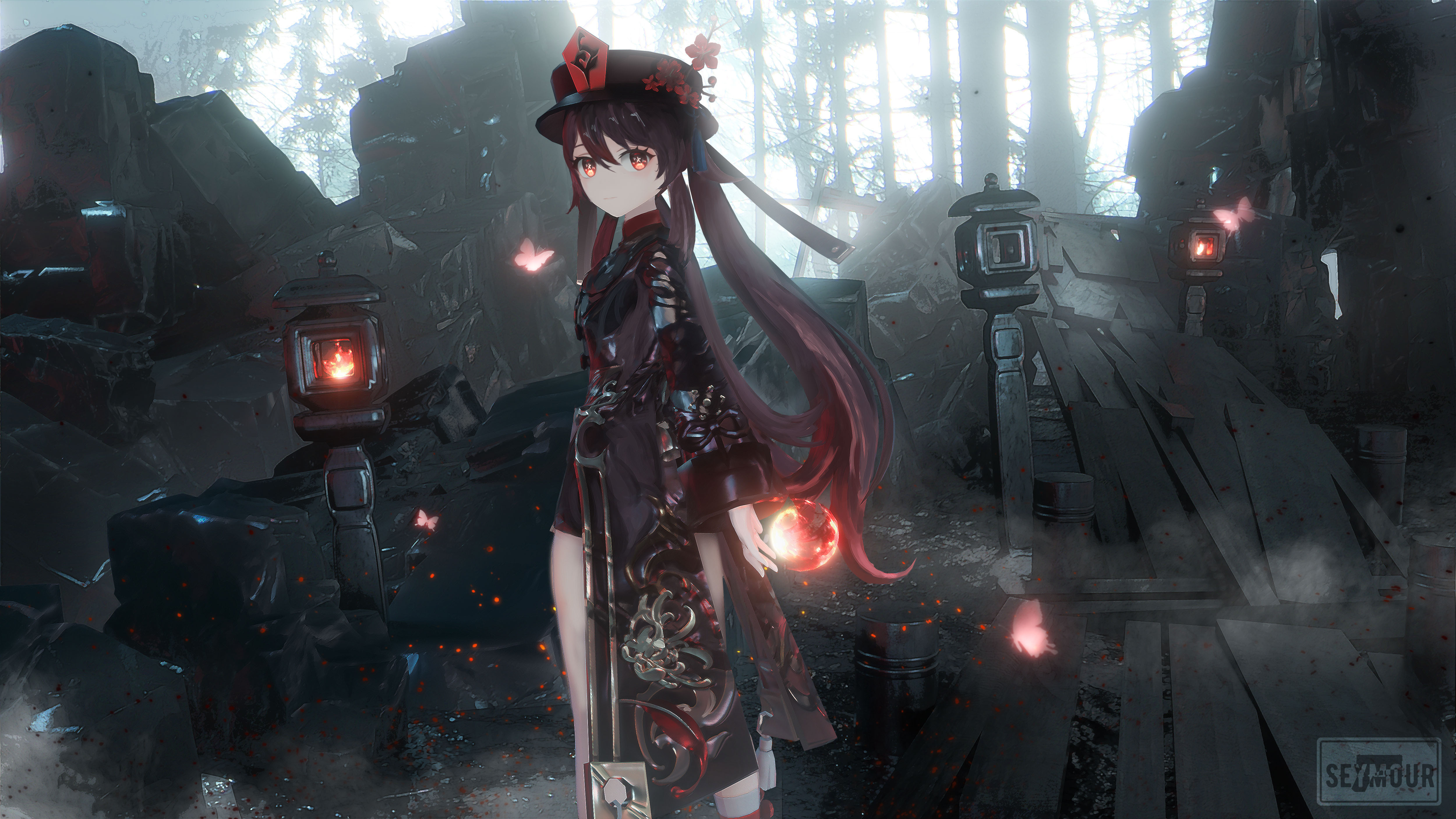 Hu Tao in Enigmatic Forest with Glowing Lanterns 4K HD Wallpaper