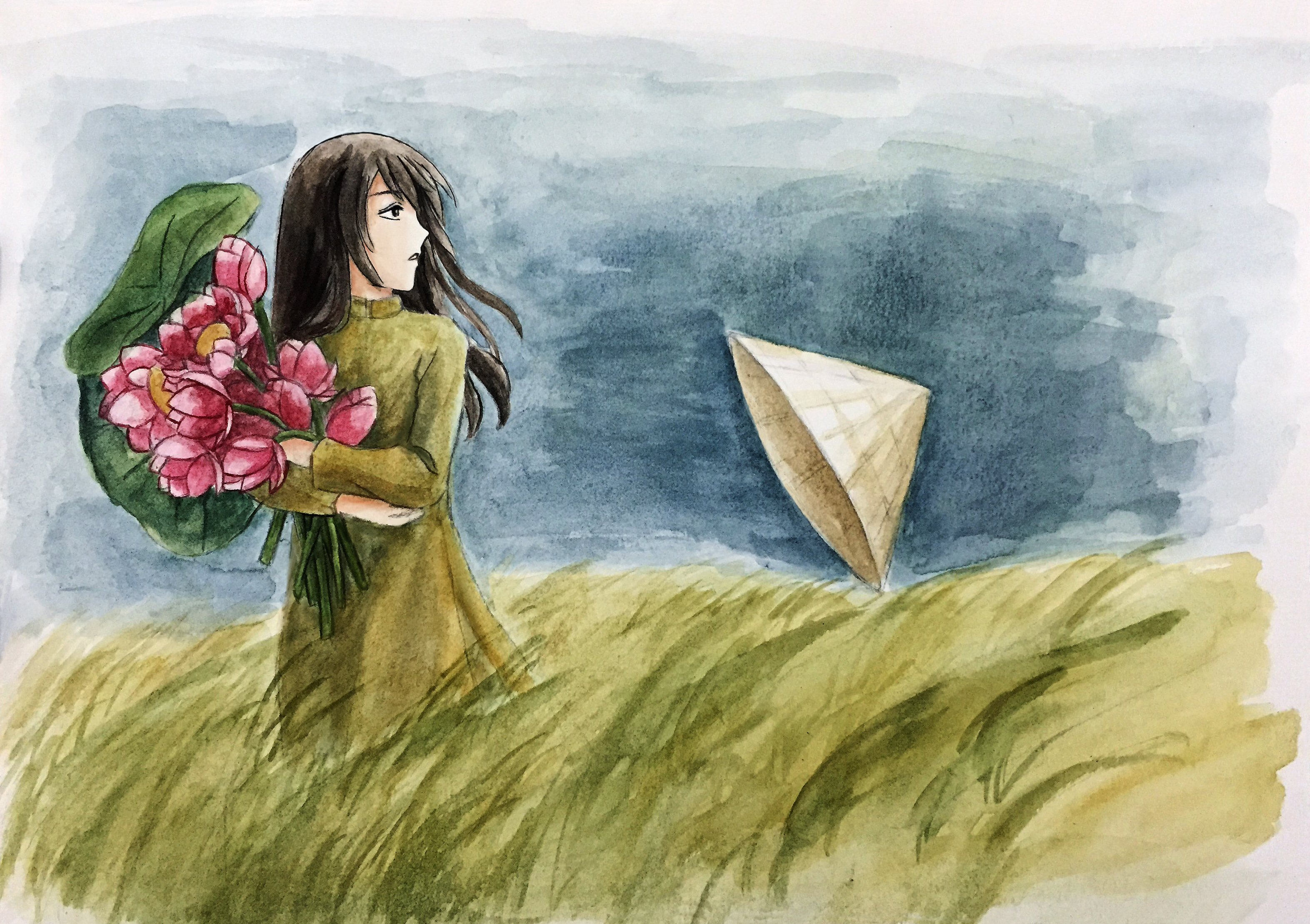 Vietnam from Hetalia: Axis Powers holding lotuses HD Wallpaper