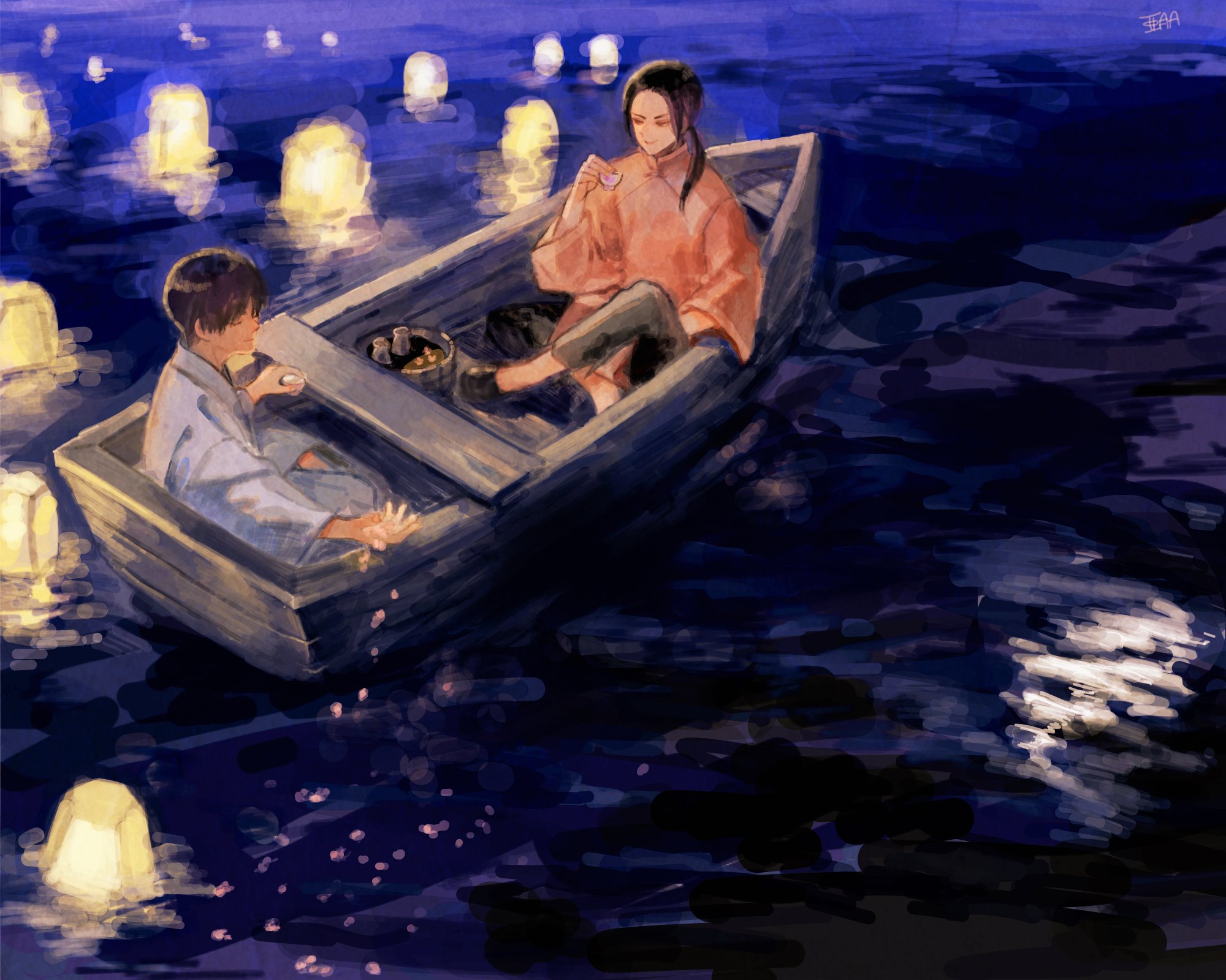 Japan and China from Hetalia in a boat with lanterns HD Wallpaper