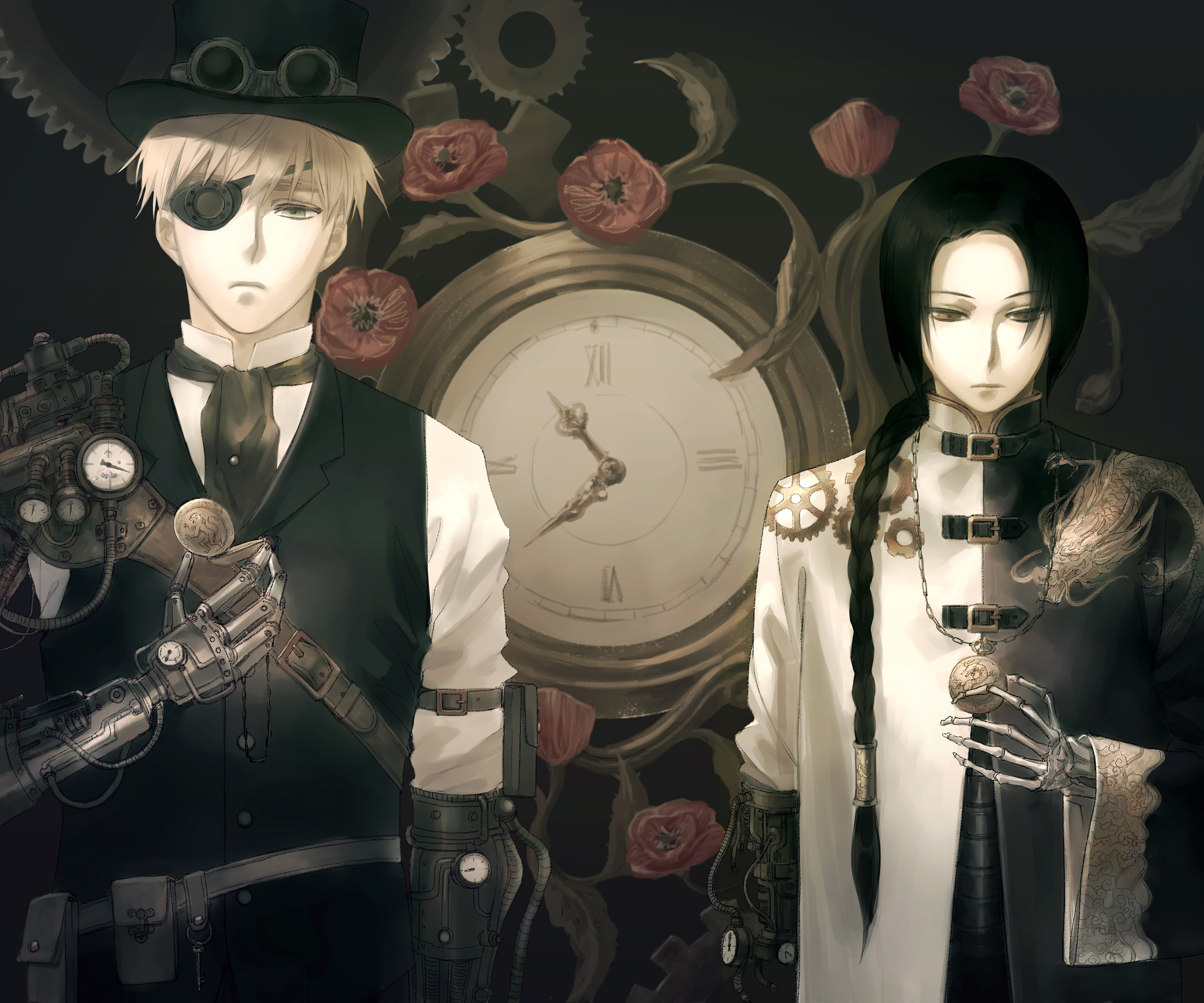 Two men in steampunk attire with a clock background HD Wallpaper