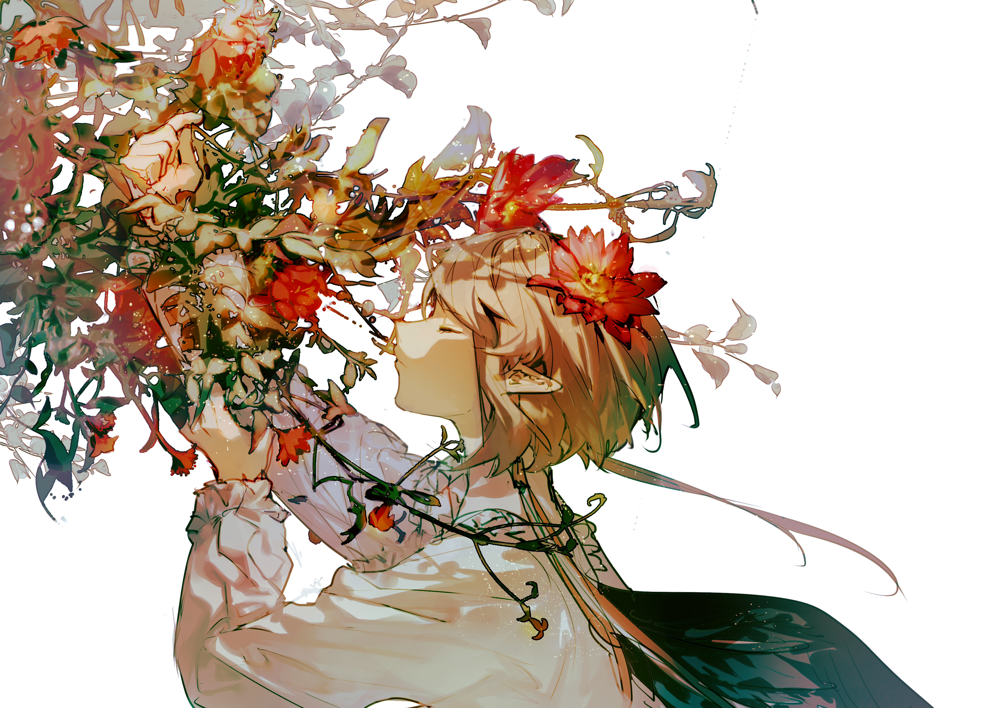 Anime boy with flowers in hair HD Wallpaper