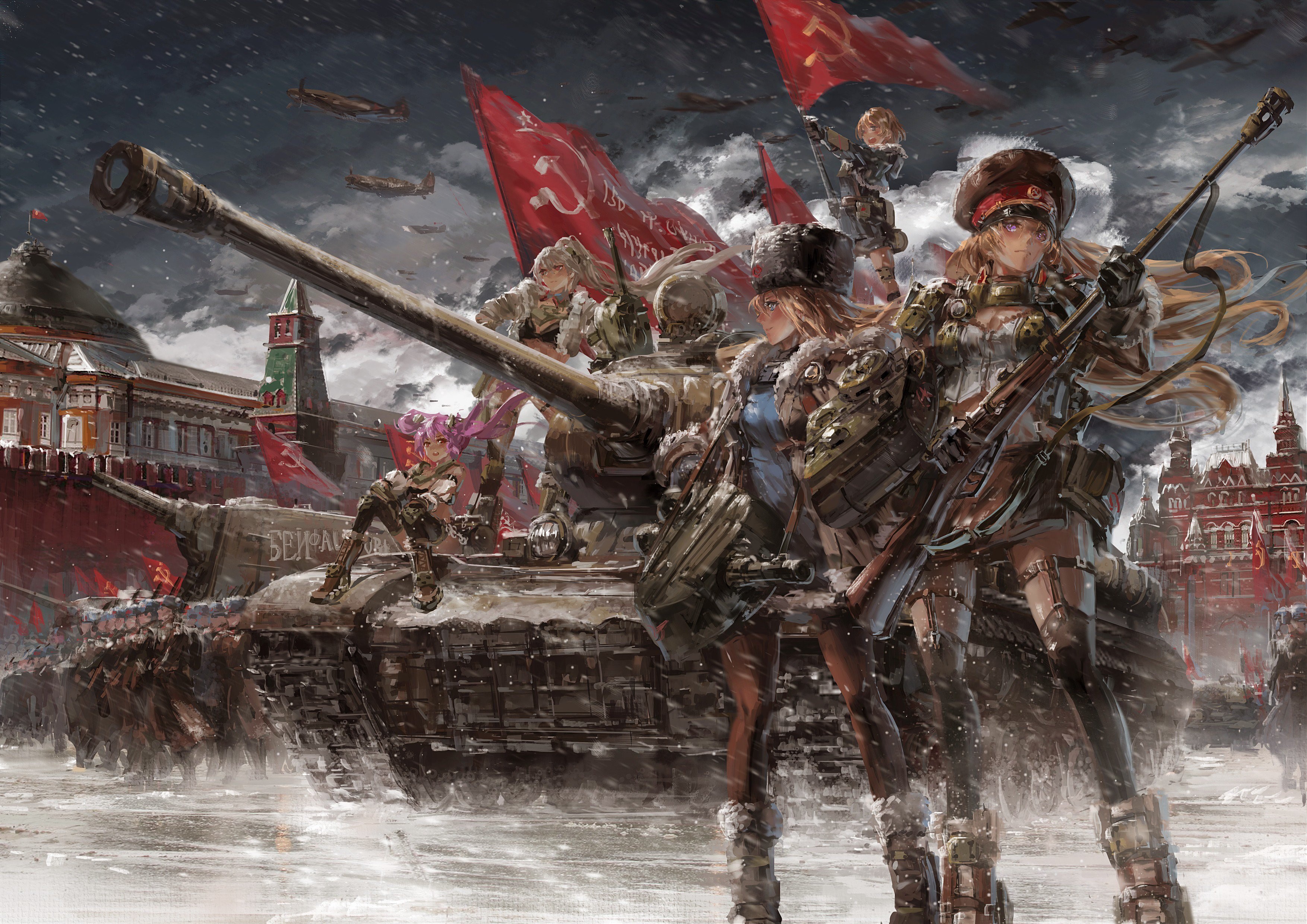 Girls und Panzer style anime characters with tanks and Soviet flags HD Wallpaper