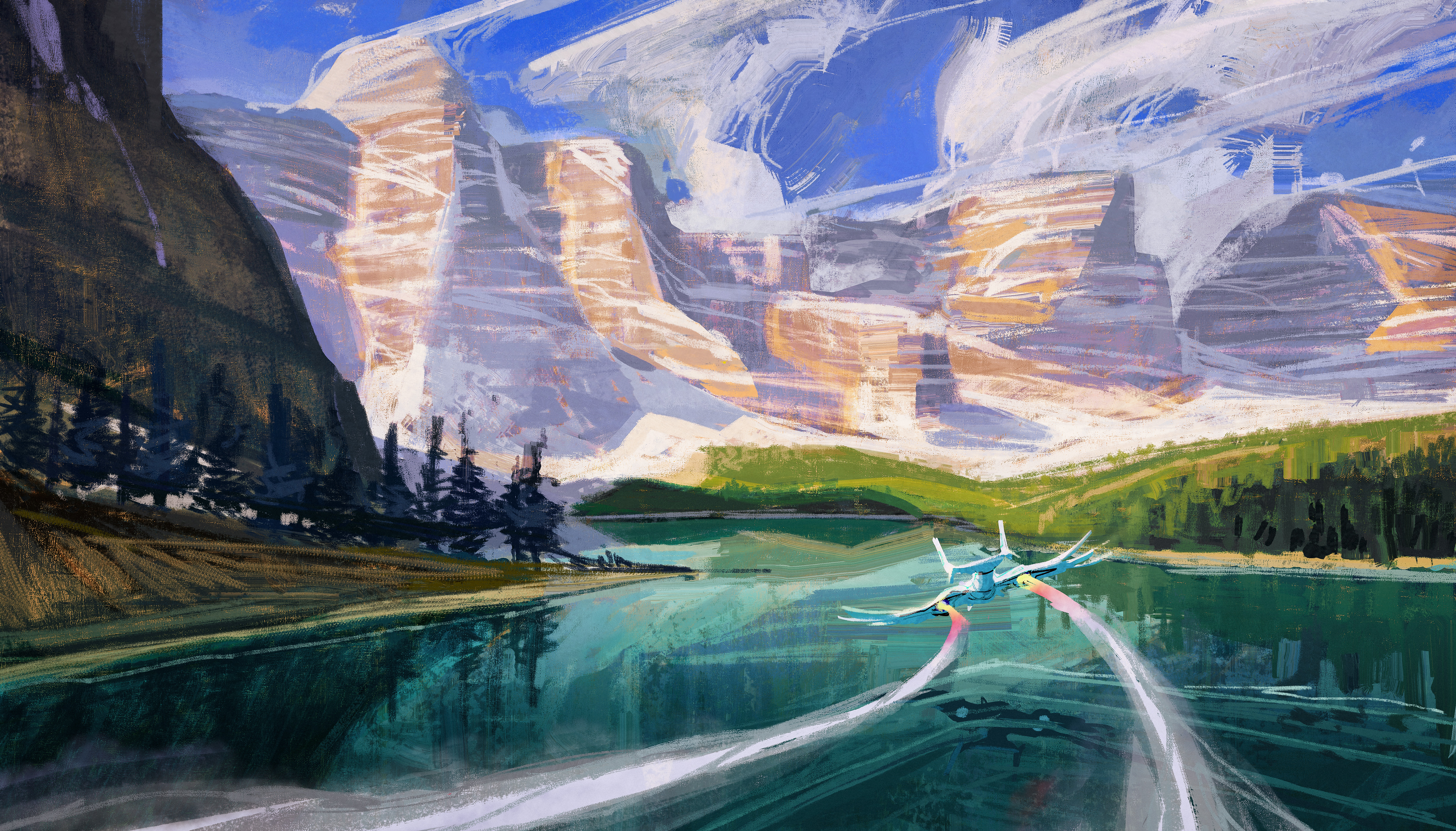 Futuristic aircraft flies over a lake with mountains HD Wallpaper