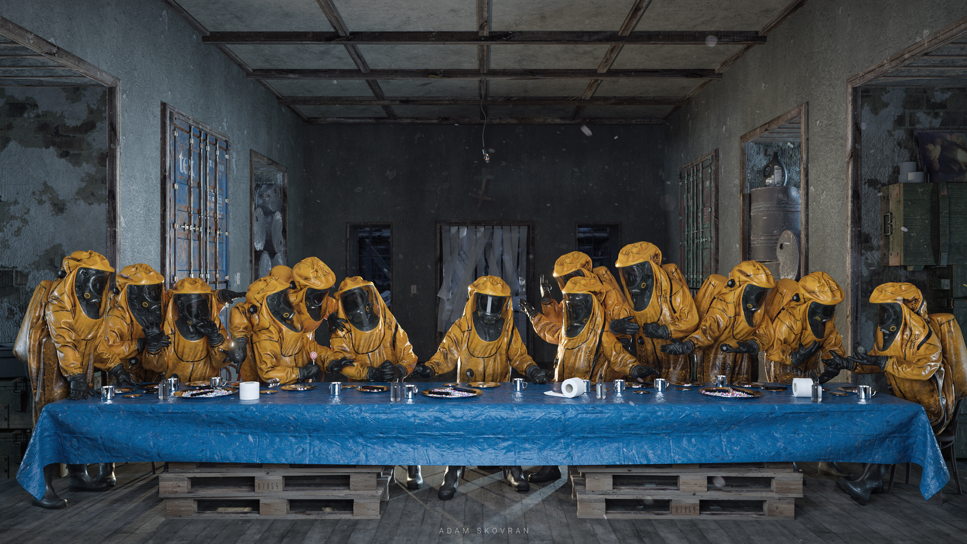 People in Hazmat Suits at a Last Supper Table HD Wallpaper