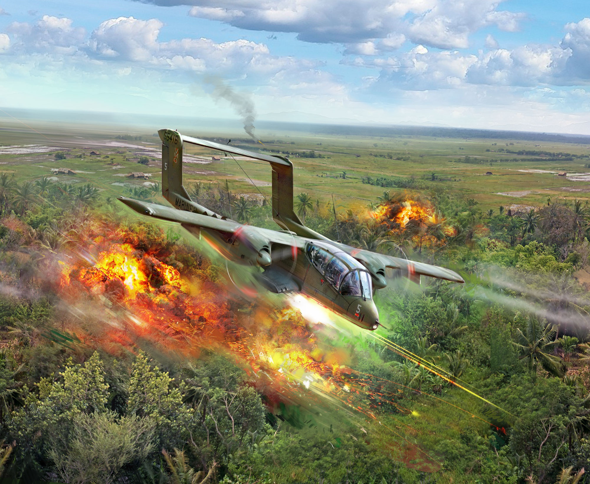 OV-10 Bronco aircraft in combat over jungle HD Wallpaper