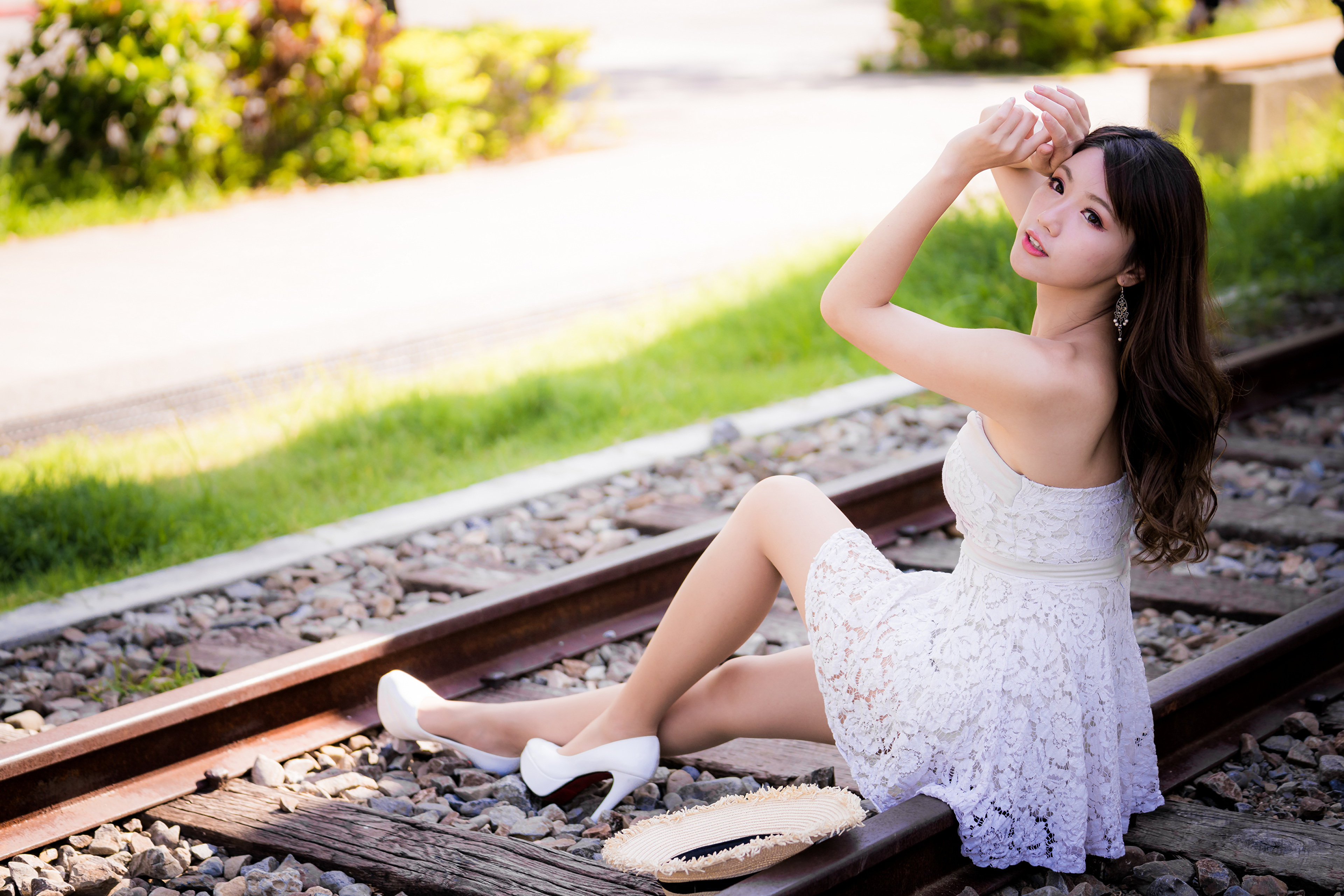 Asian Woman in White Dress with Long Black Hair 4K HD Wallpaper