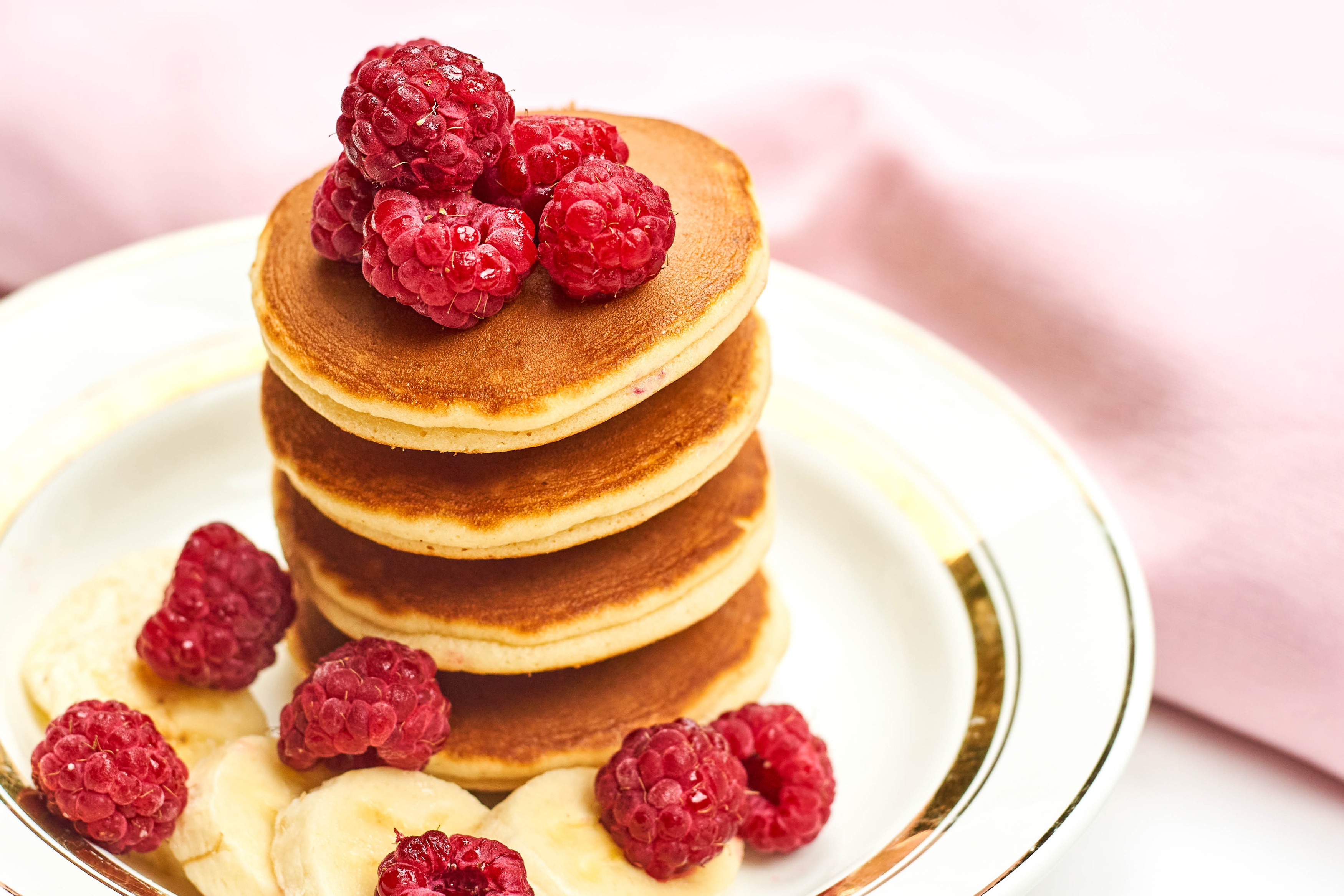 Stack of Pancakes with Raspberries and Bananas HD Wallpaper