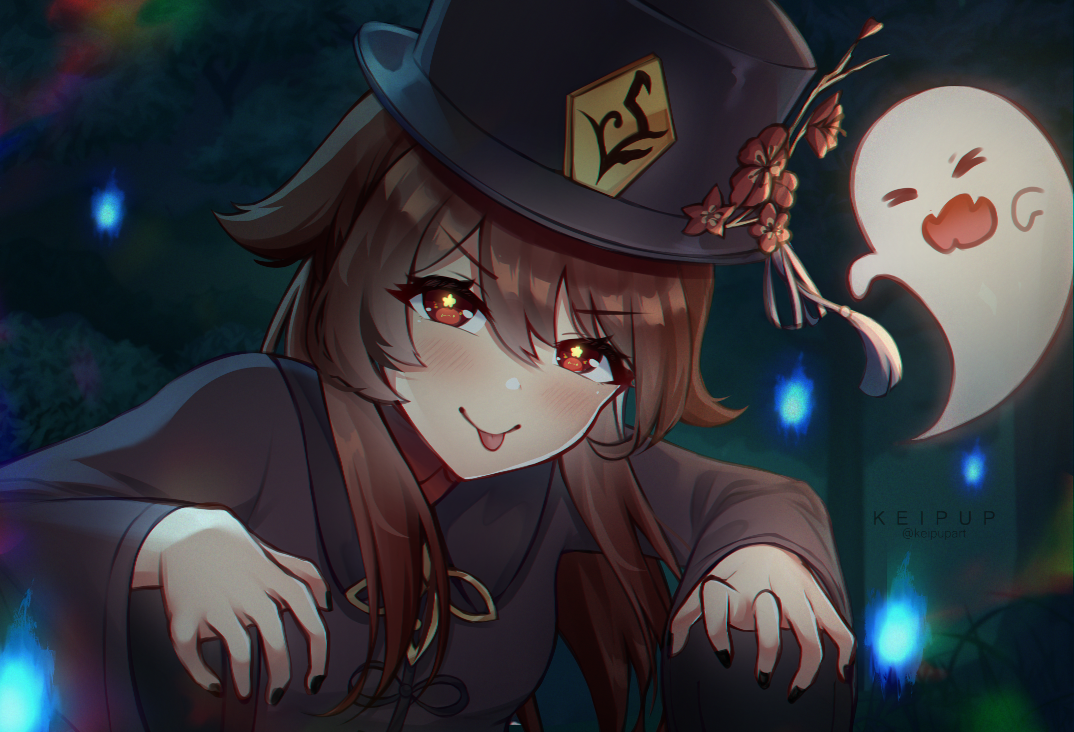 Hu Tao from Genshin Impact with a ghost HD Wallpaper