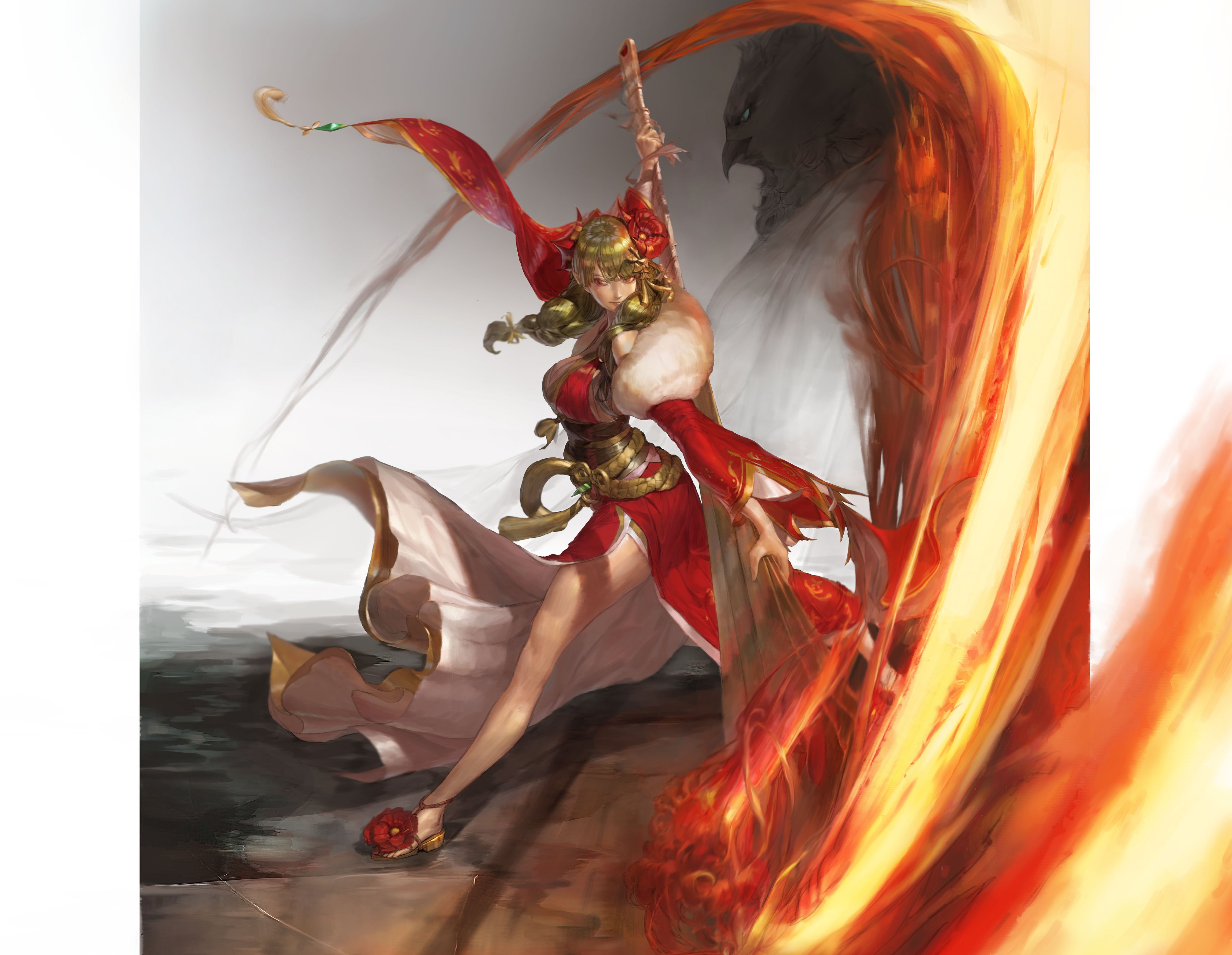 Anime Woman in Red Dress with Fire HD Wallpaper