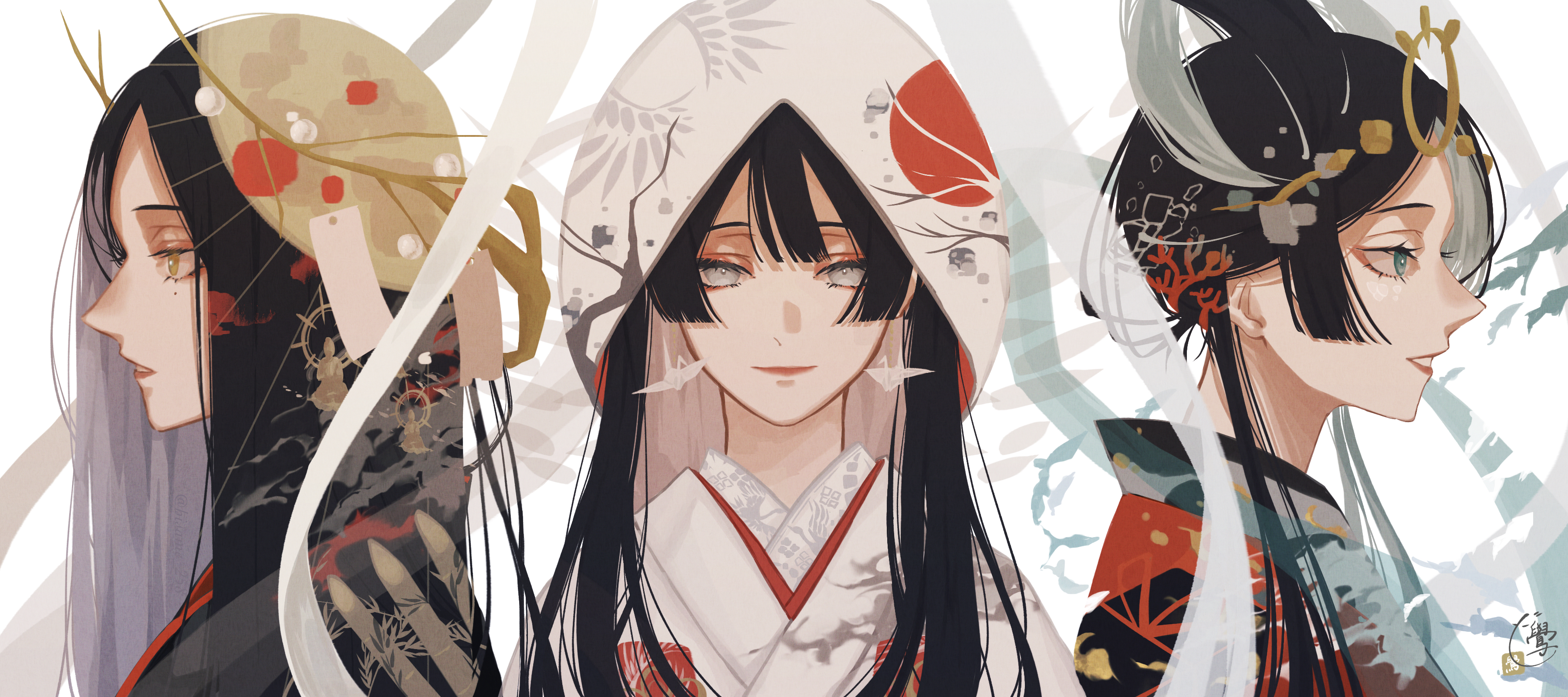 Three women in traditional Japanese attire HD Wallpaper