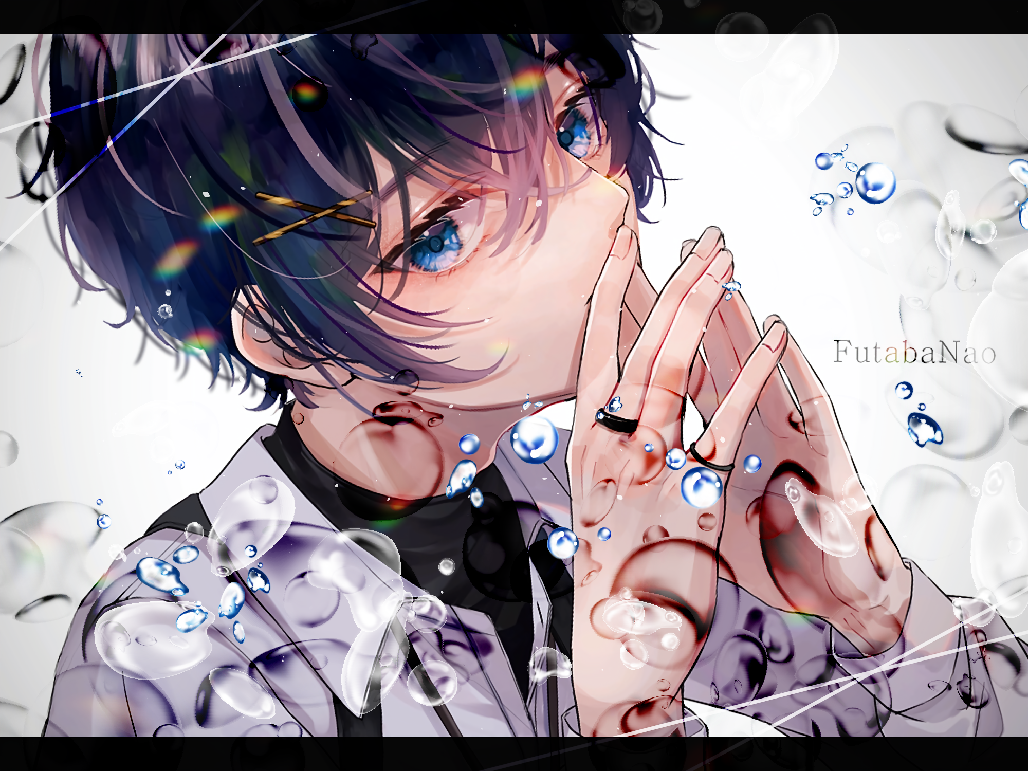 Anime boy with blue eyes and dark hair HD Wallpaper