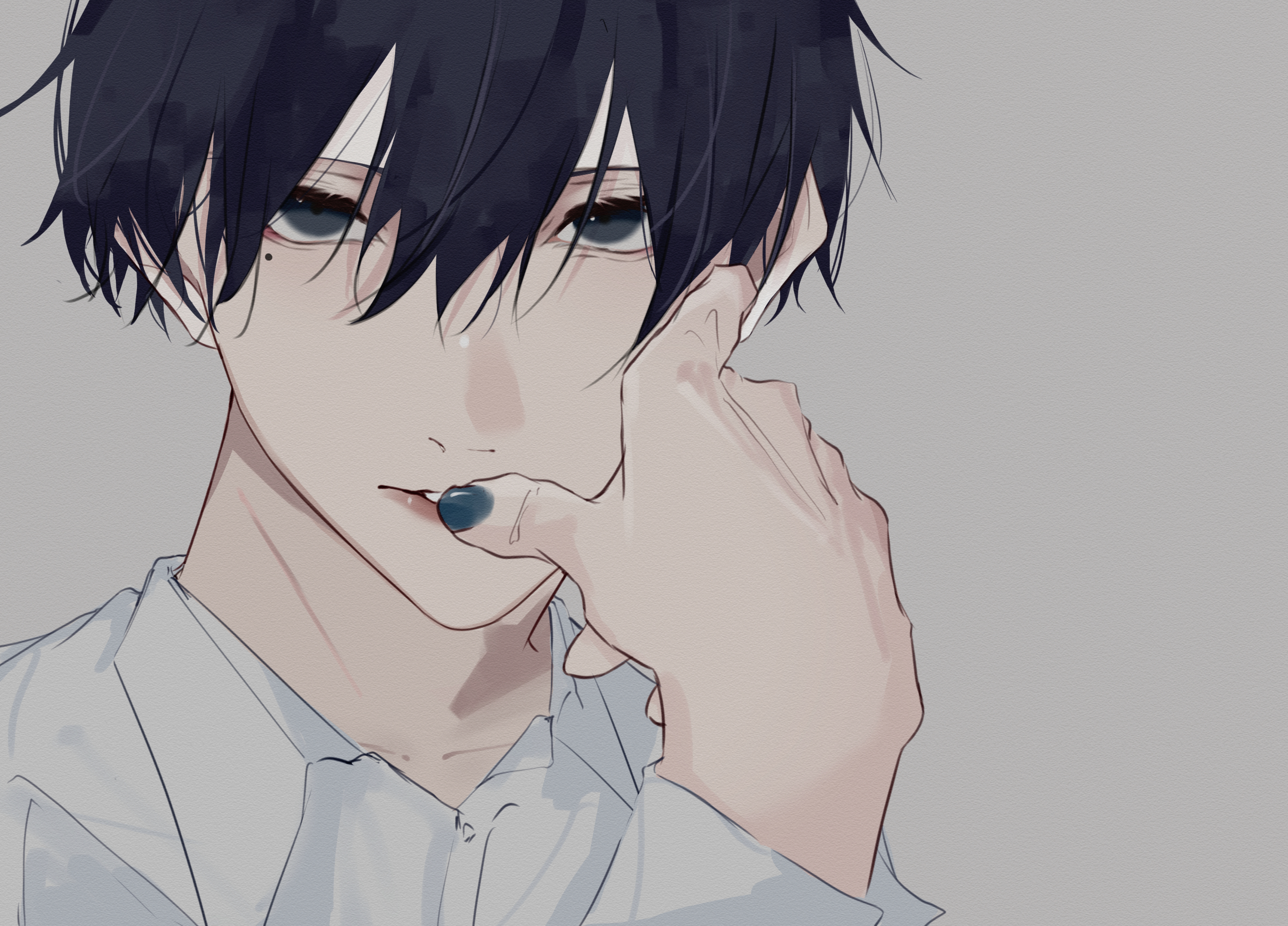 Anime boy with dark hair and blue nail polish HD Wallpaper