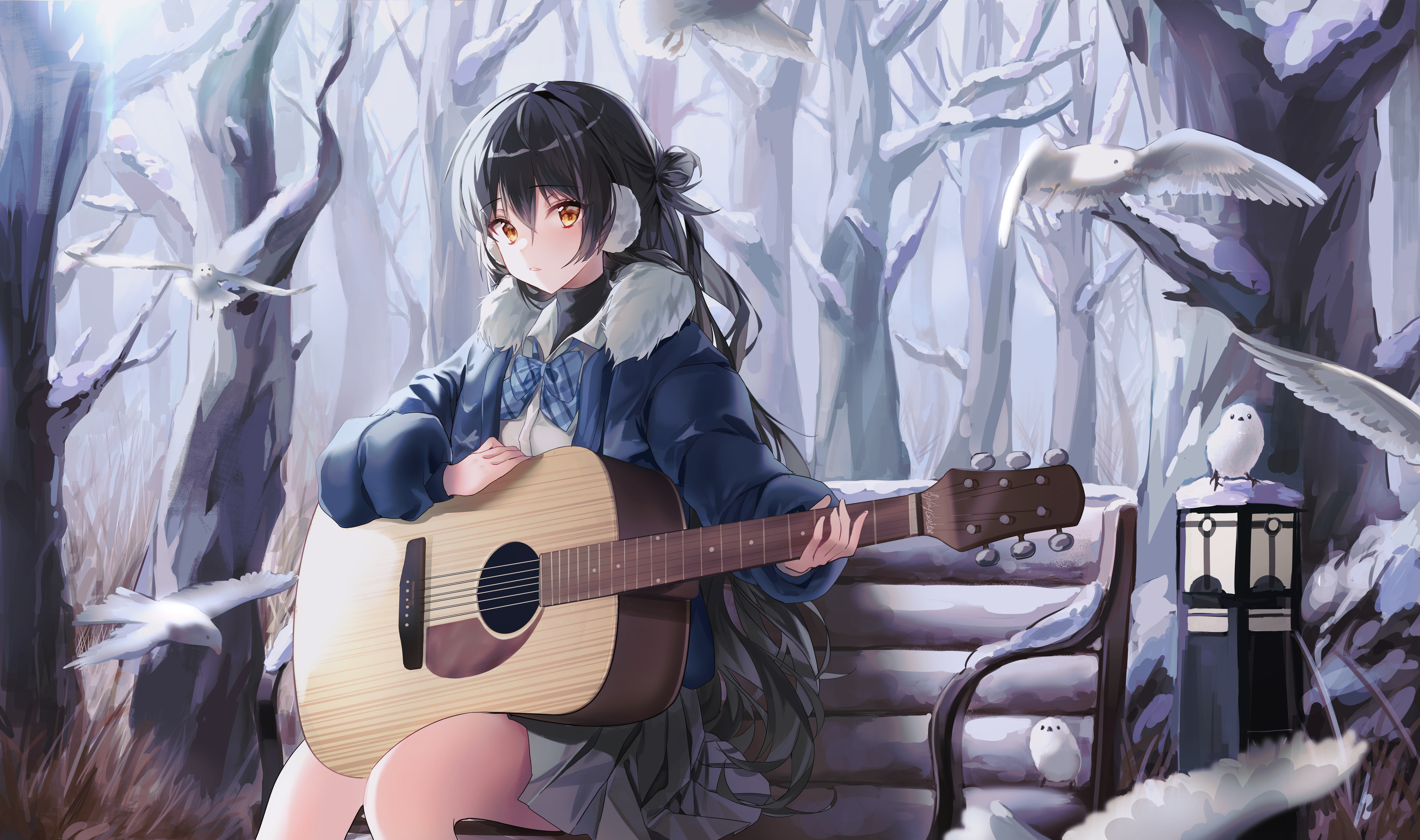 Girl with Guitar in Snowy Forest with Birds HD Wallpaper