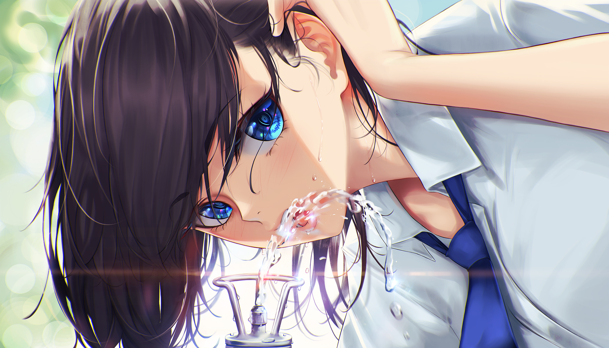 Girl with blue eyes drinking water from a fountain HD Wallpaper