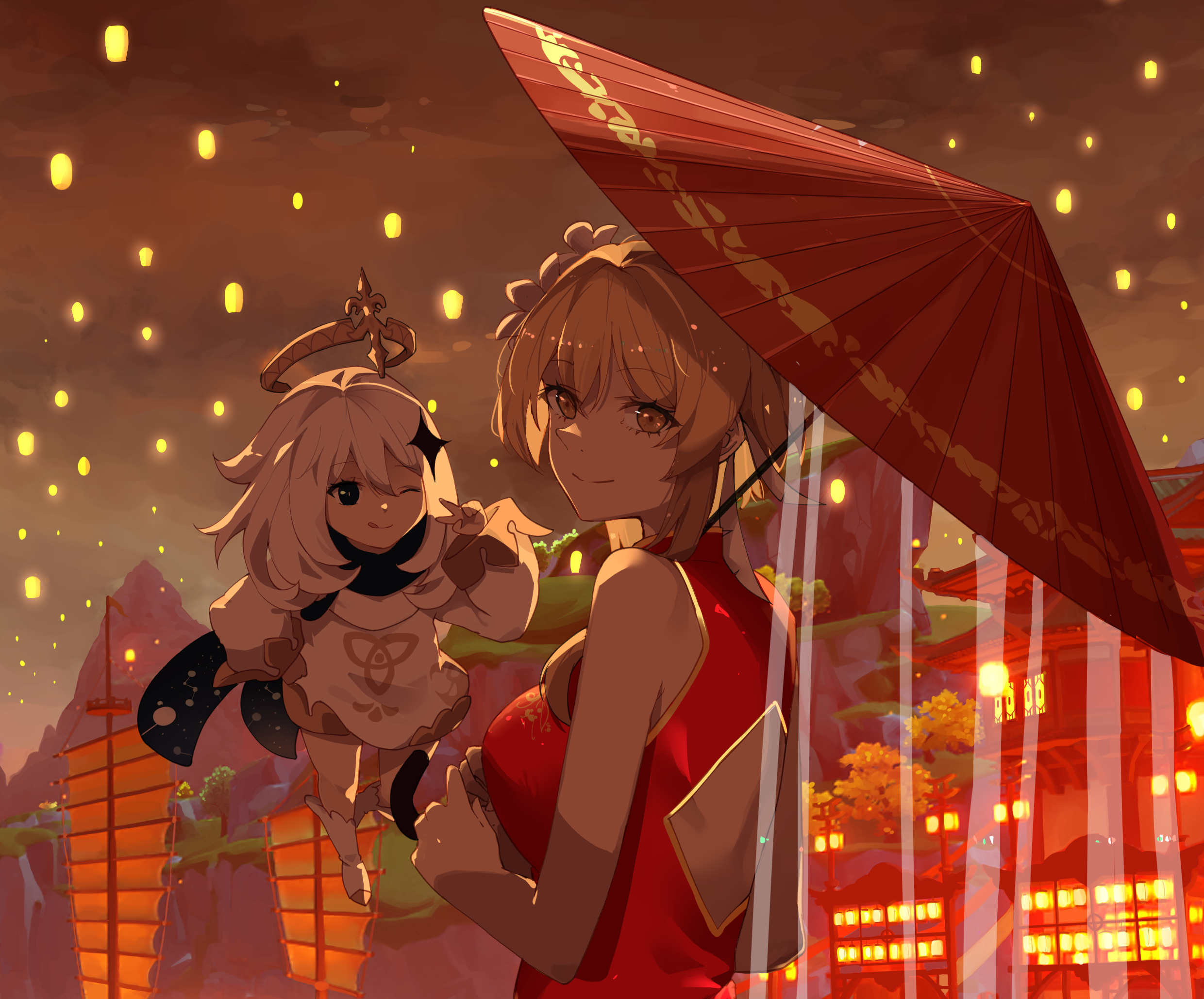 Paimon and Lumine from Genshin Impact with lanterns HD Wallpaper