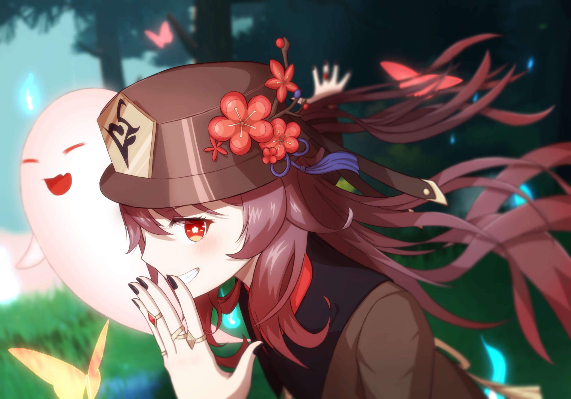 Hu Tao from Genshin Impact with a ghost companion HD Wallpaper