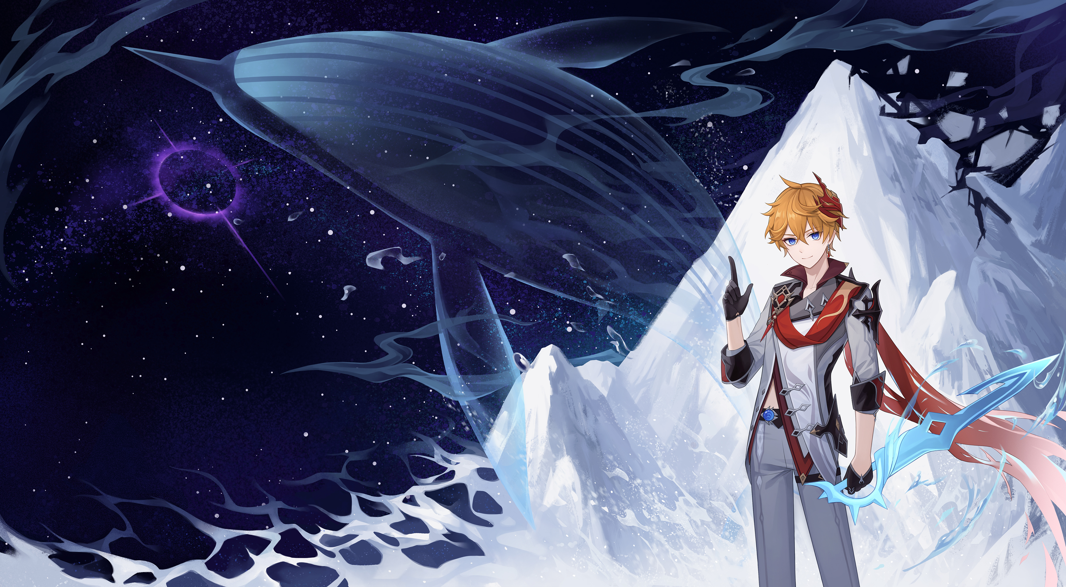 Tartaglia Childe from Genshin Impact with a whale and mountains HD Wallpaper