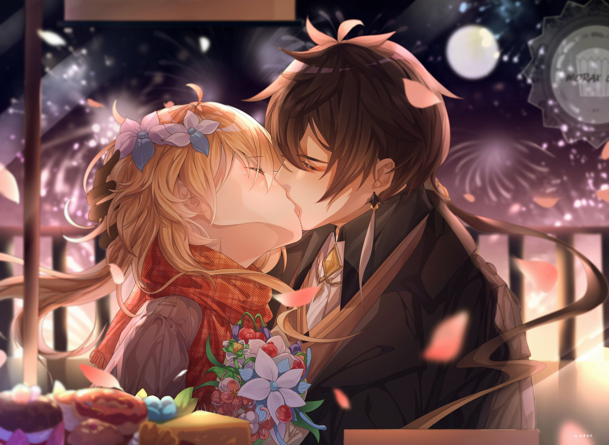 Lumine and Zhongli from Genshin Impact kissing HD Wallpaper