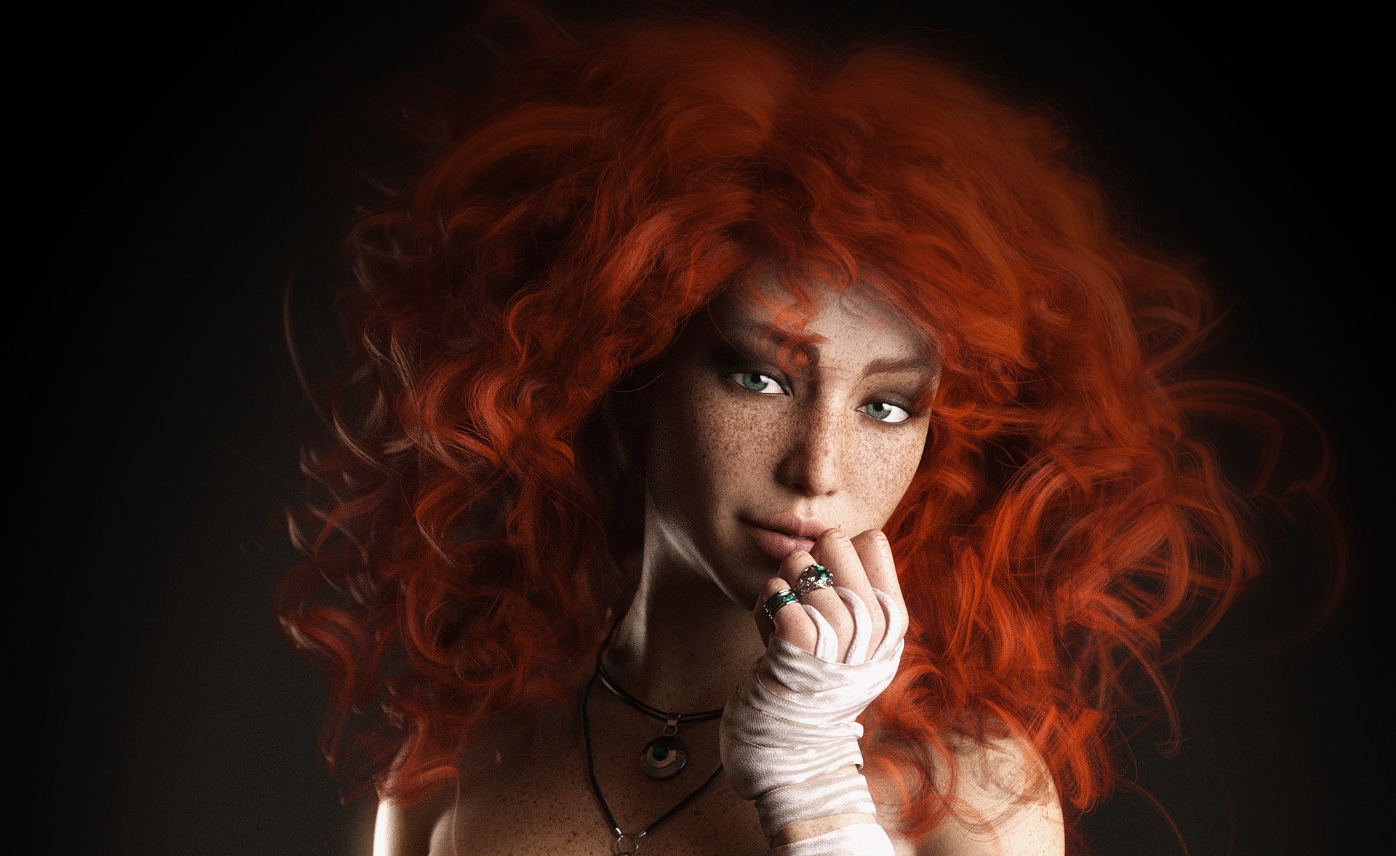 Woman with red curly hair and freckles HD Wallpaper