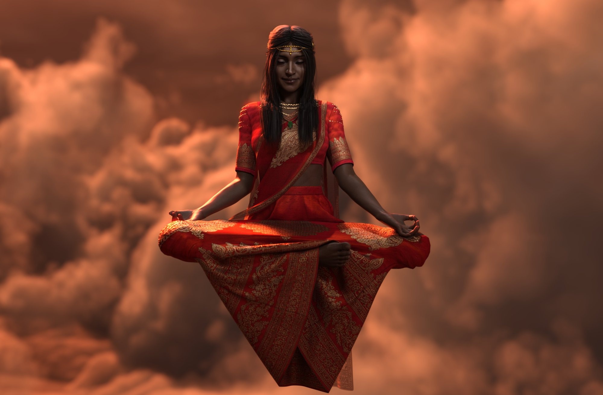 Fantasy Woman in Red Sari Meditating in Clouds HD Wallpaper