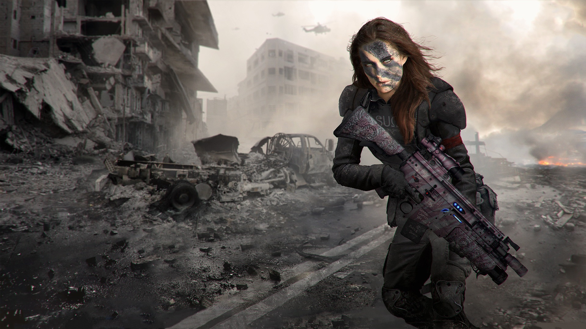 Woman warrior with rifle in destroyed city HD Wallpaper