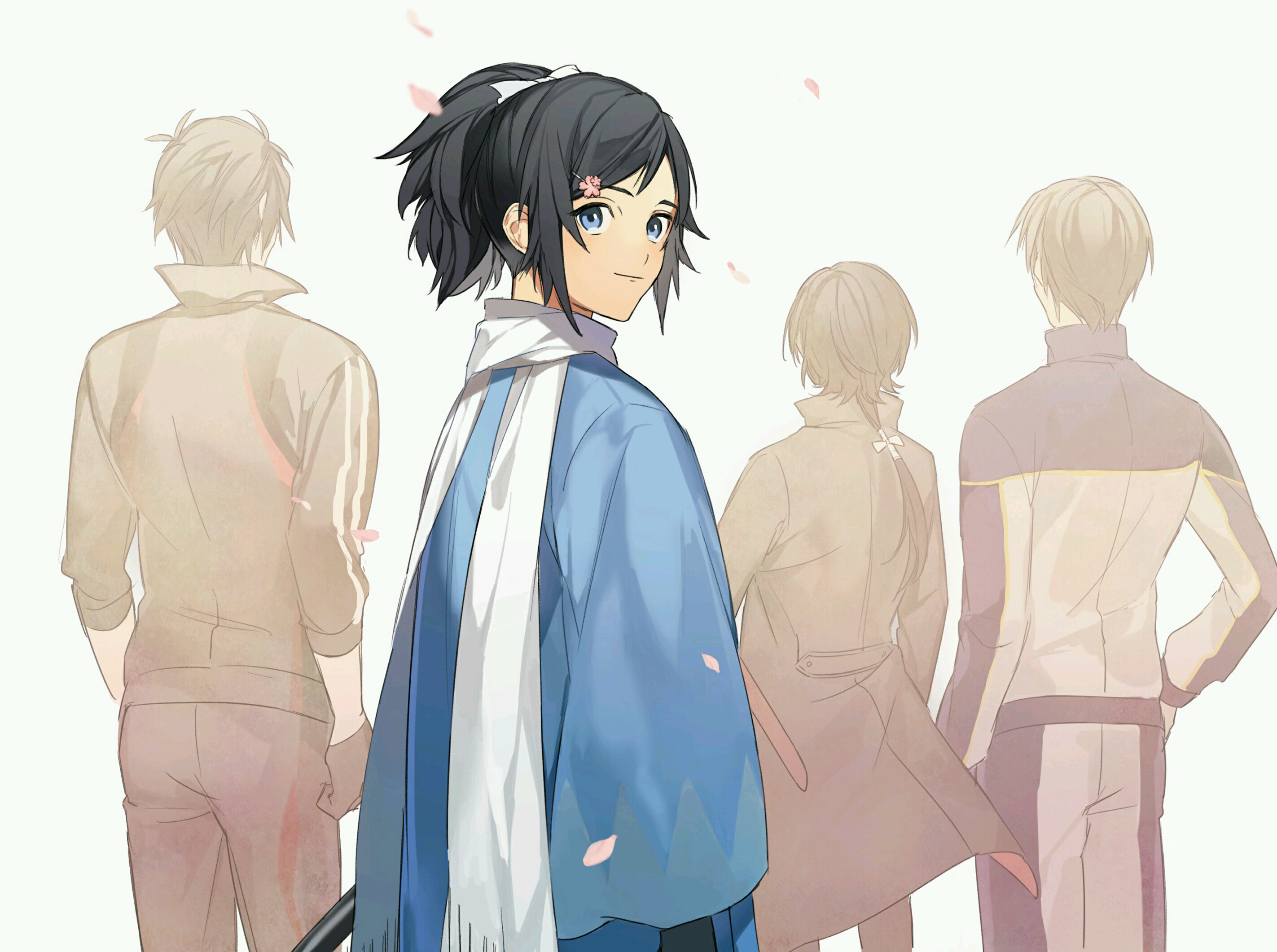 Anime characters with a sword and cherry blossoms HD Wallpaper