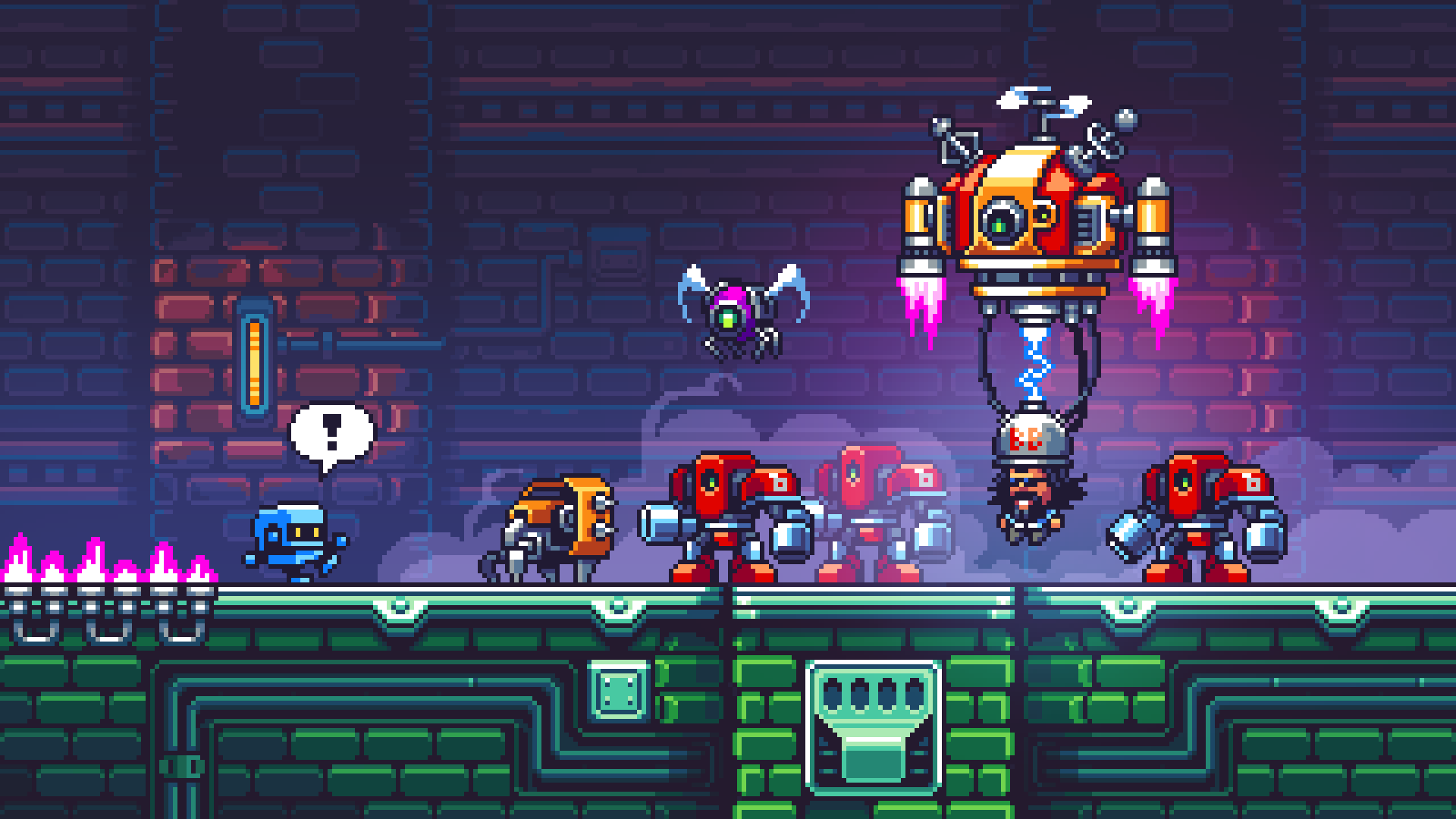 Badbert and his robotic army in a pixel art game HD Wallpaper