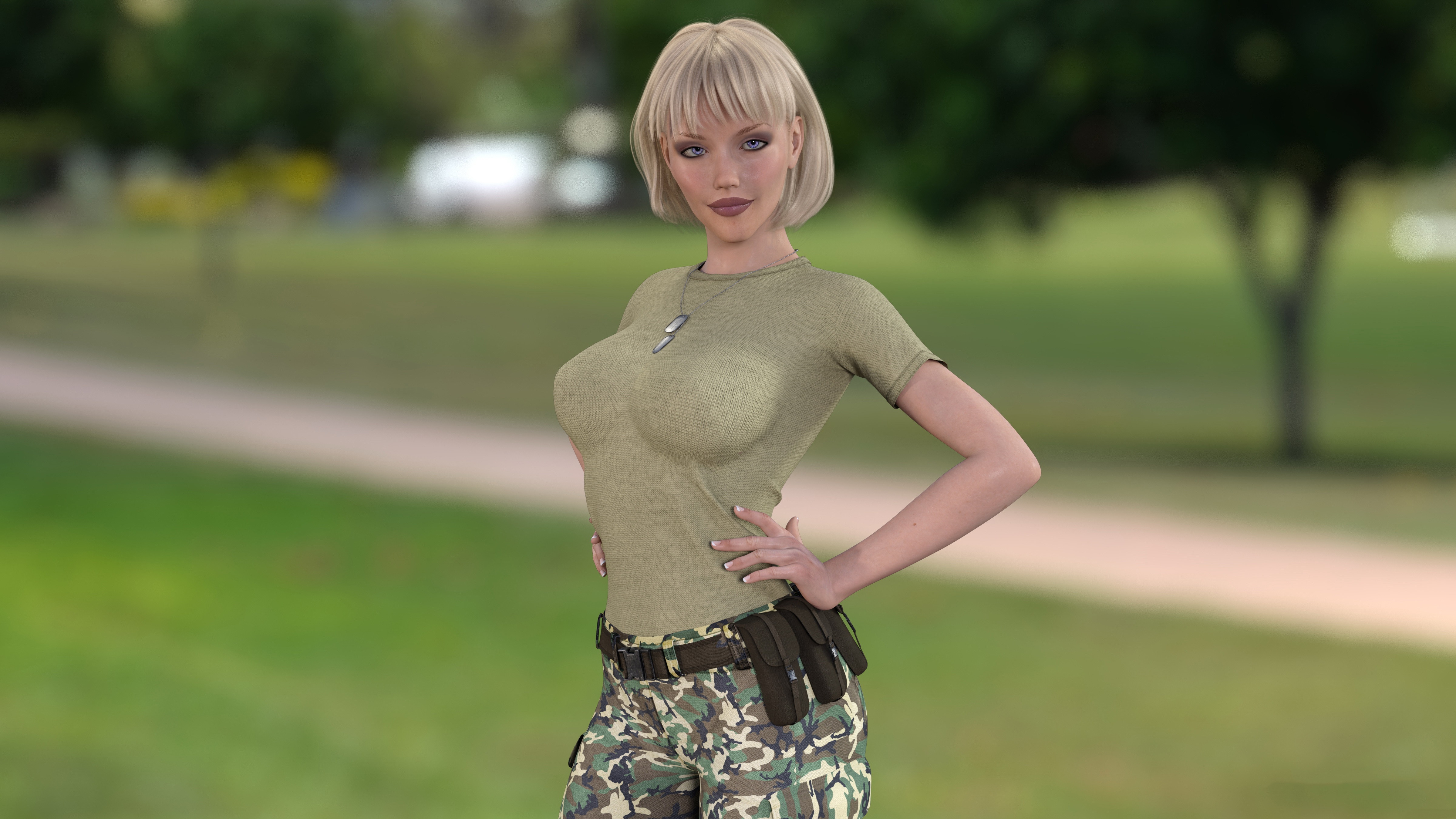 Woman in military-style clothing in a park HD Wallpaper