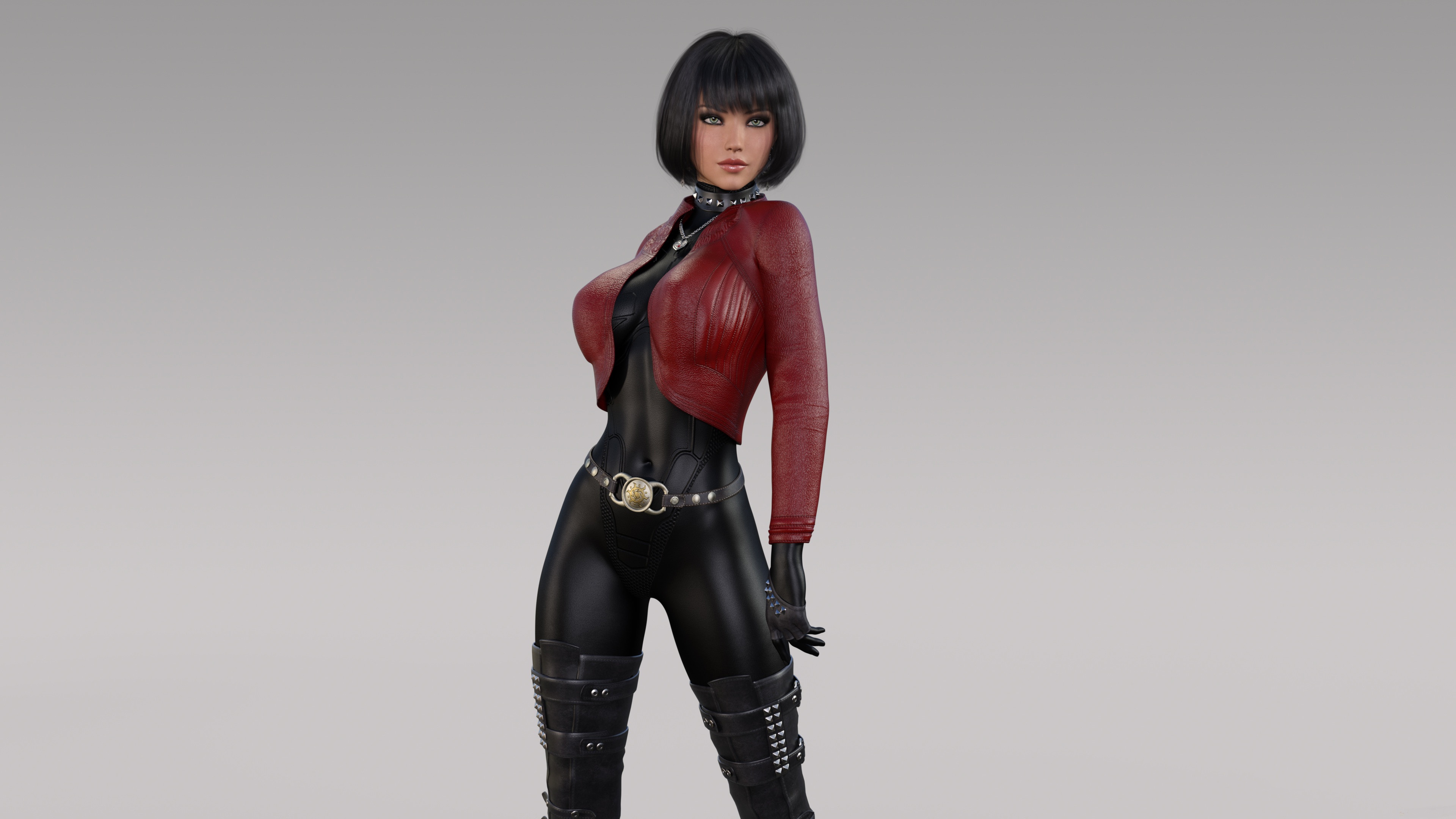 Woman in red jacket and black outfit HD Wallpaper