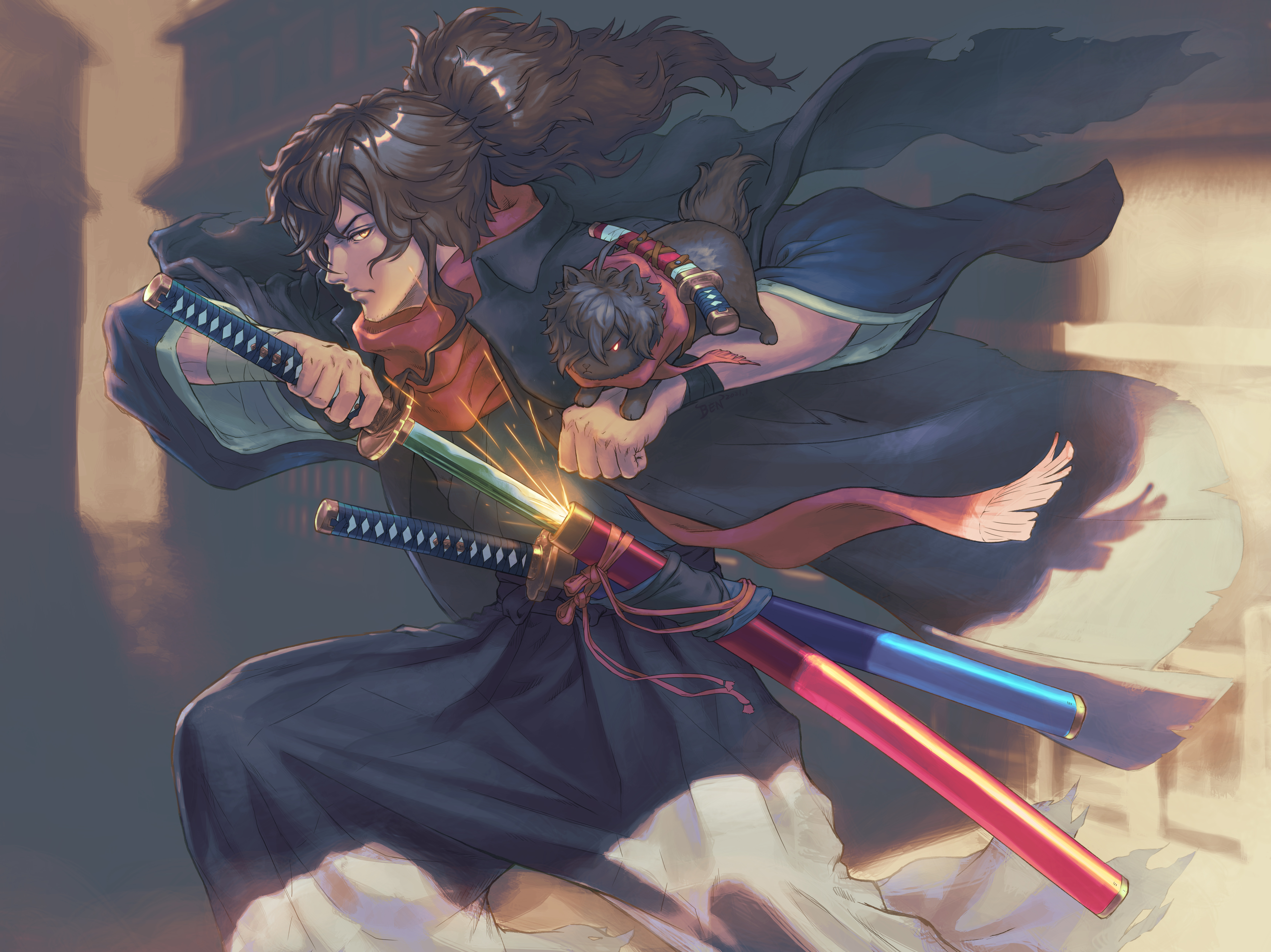 Okada Izou from Fate Series with a cat HD Wallpaper