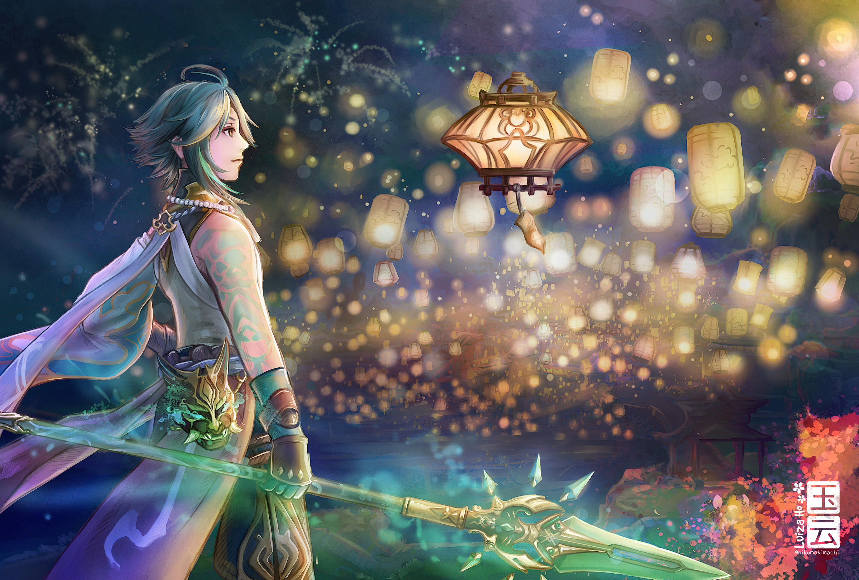 Xiao from Genshin Impact with lanterns HD Wallpaper