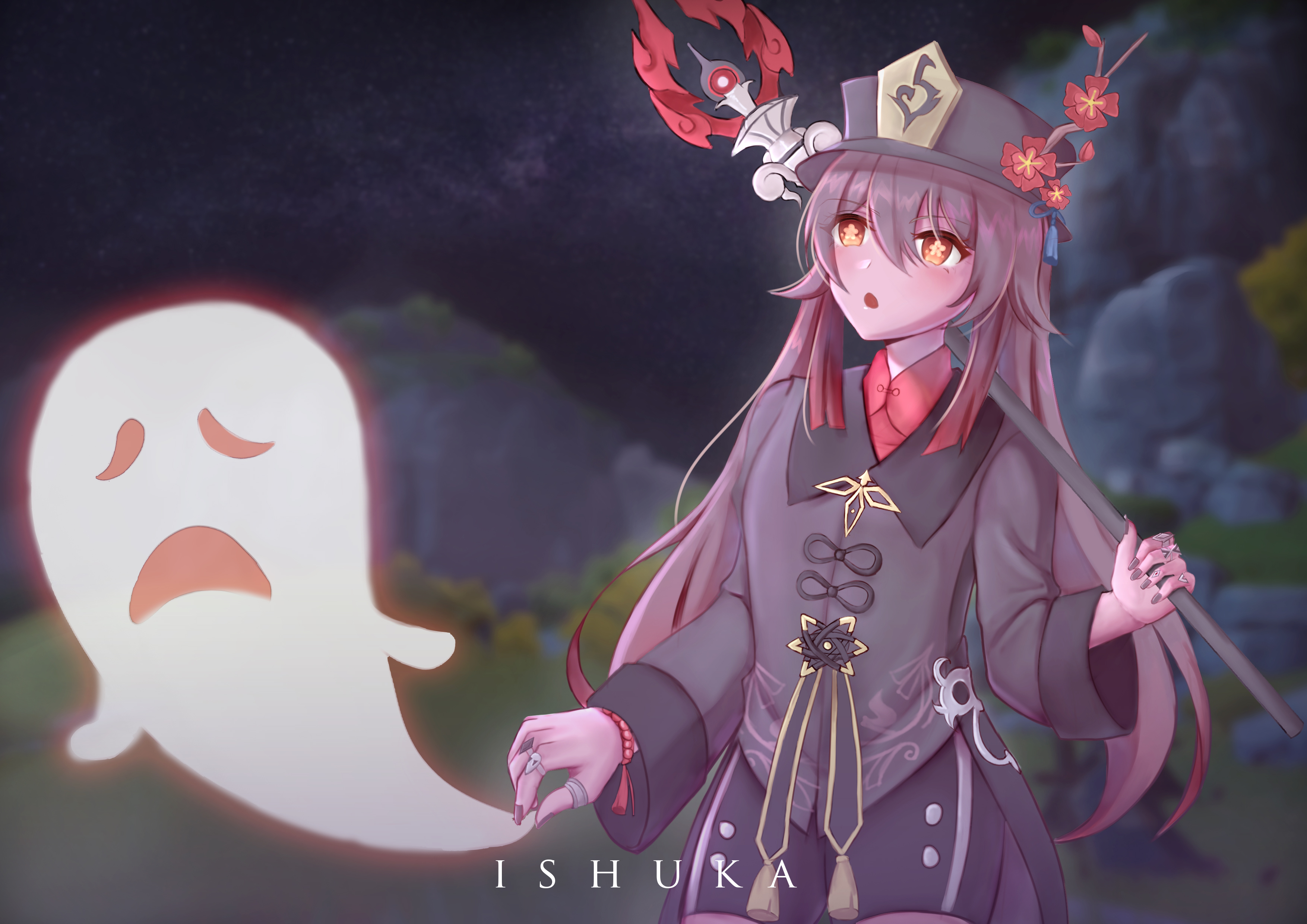 Hu Tao from Genshin Impact with a ghost HD Wallpaper