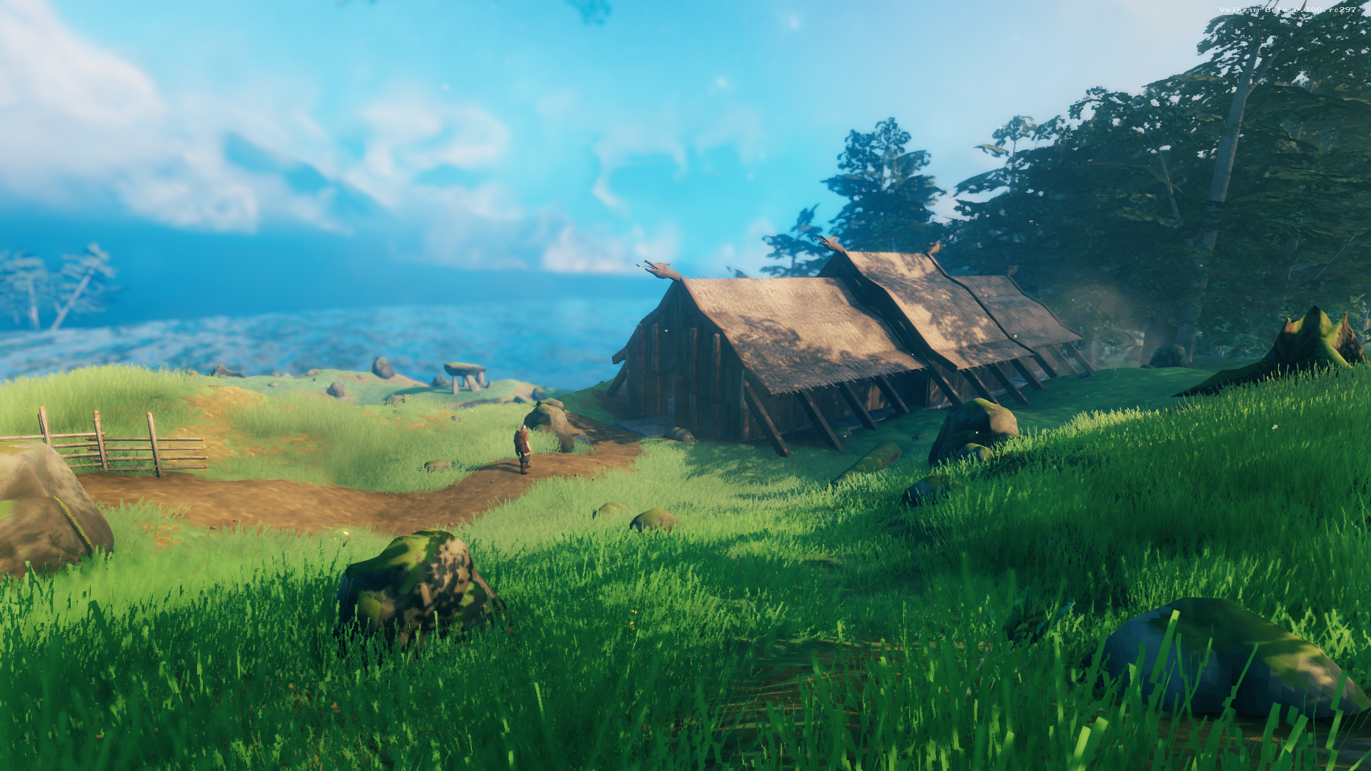 Valheim Viking longhouse in a grassy landscape HD Wallpaper