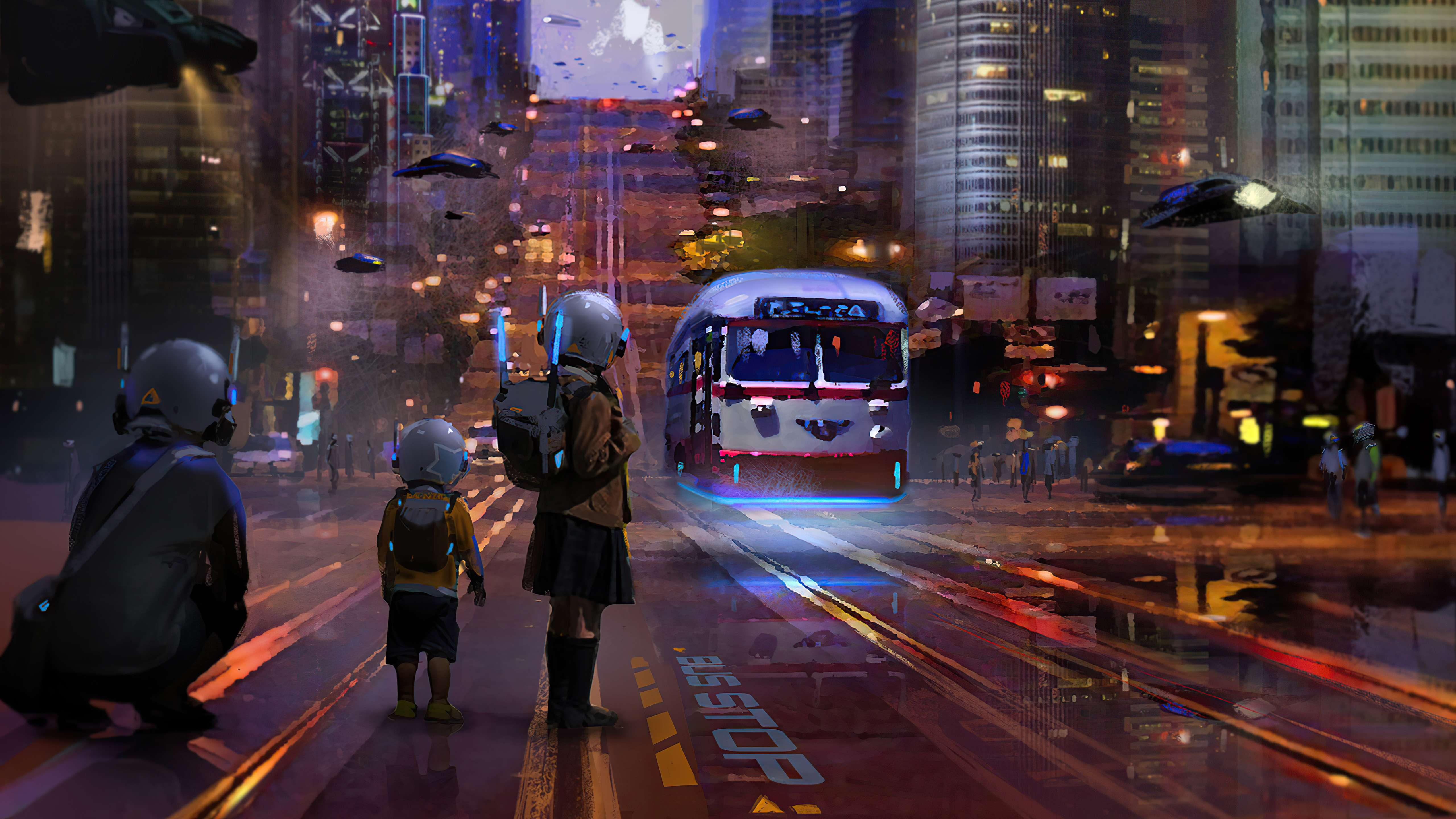 Sci Fi Futuristic City with Flying Vehicles and Bus Stop HD Wallpaper