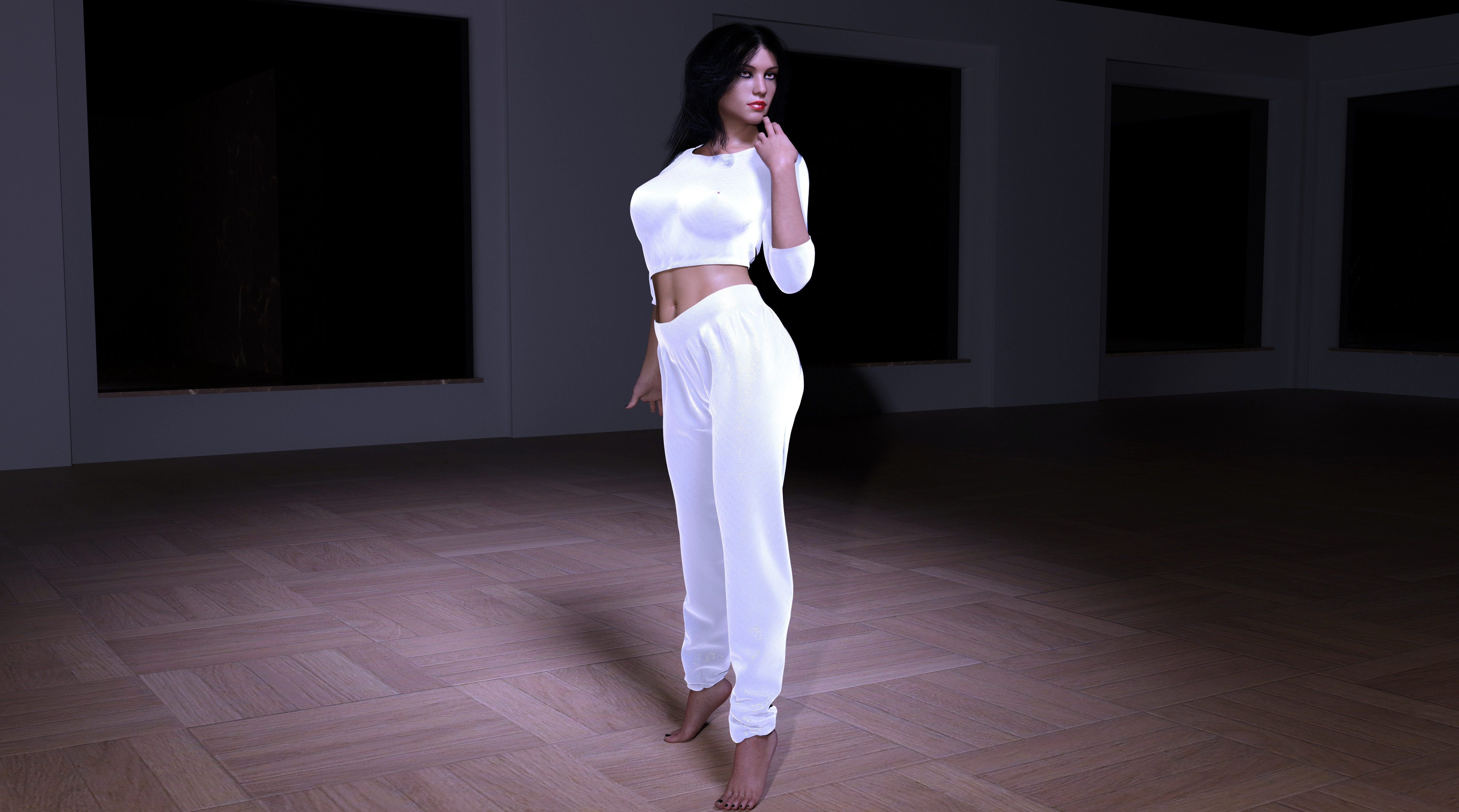 Woman in white outfit in a dark room HD Wallpaper