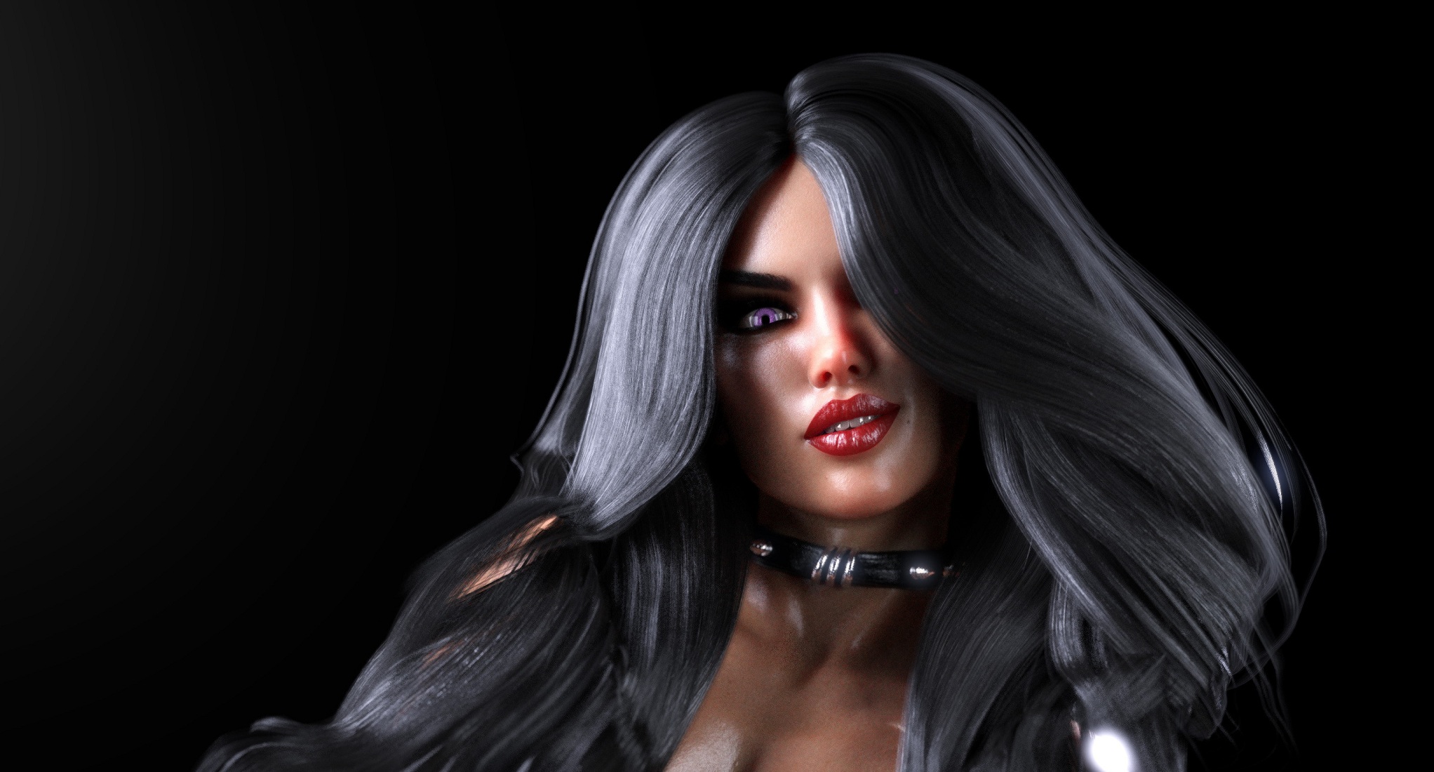 Woman with long dark hair and purple eyes HD Wallpaper