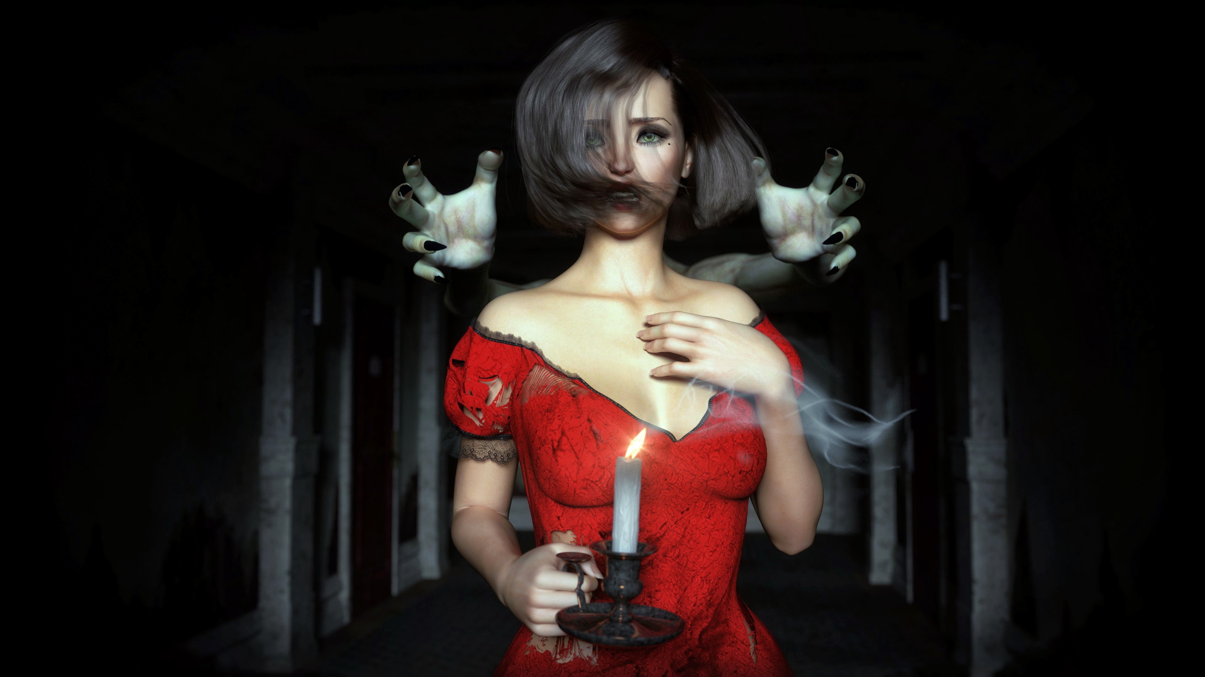 Woman in red dress with candle in dark hallway HD Wallpaper