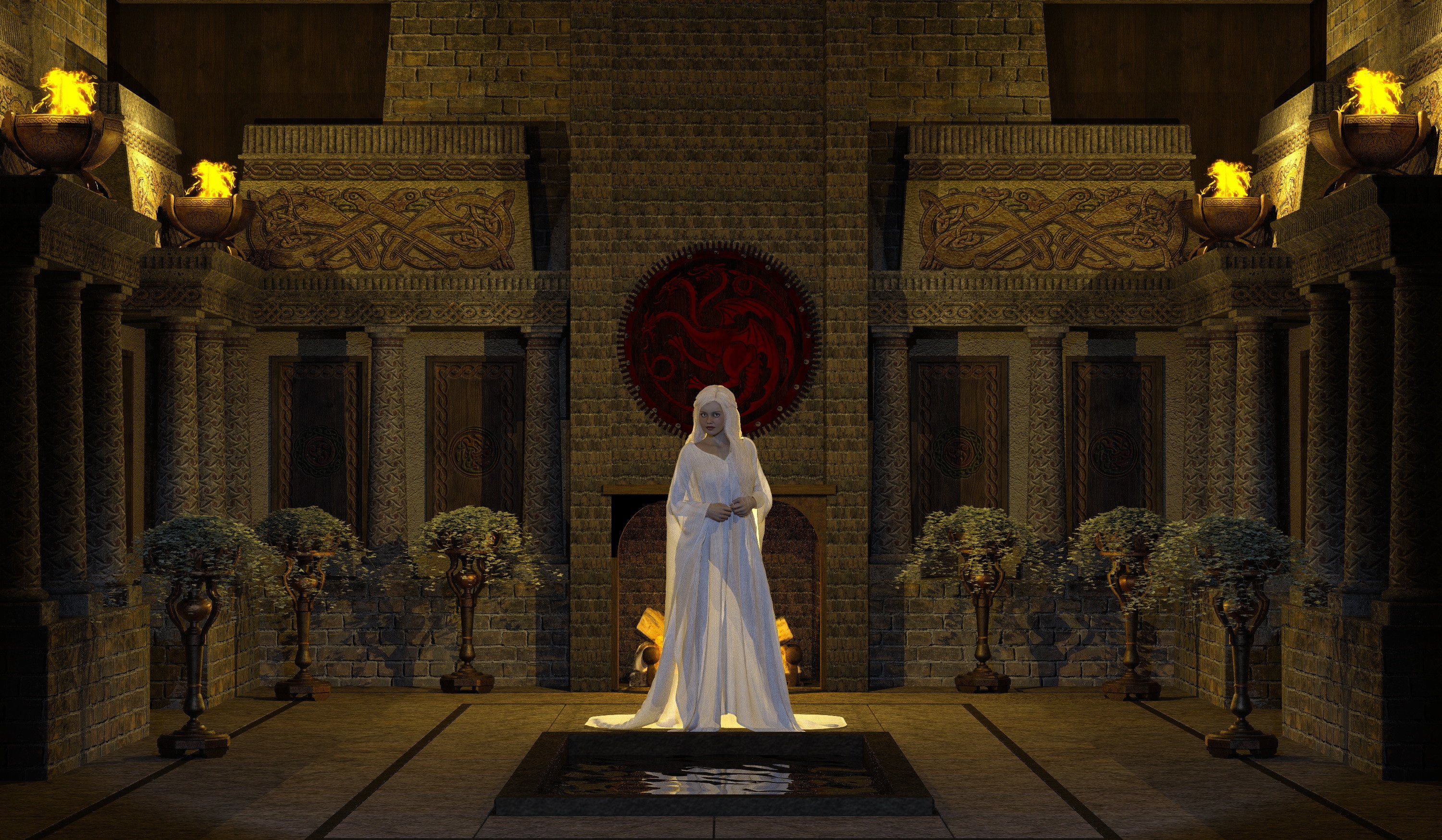 Woman in white dress in front of dragon sigil HD Wallpaper